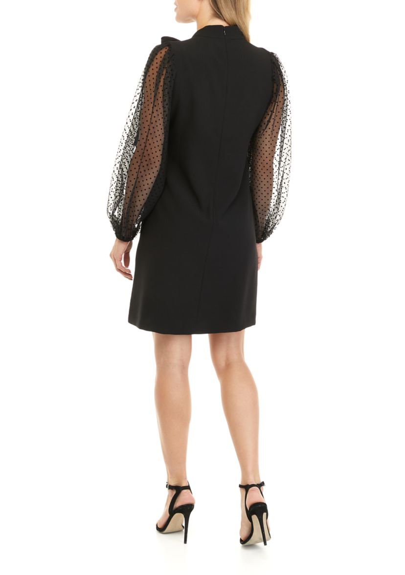Womens Signature Stretch Crepe Bow Neck Shift Dress with Flock Mesh Dot Sleeves
