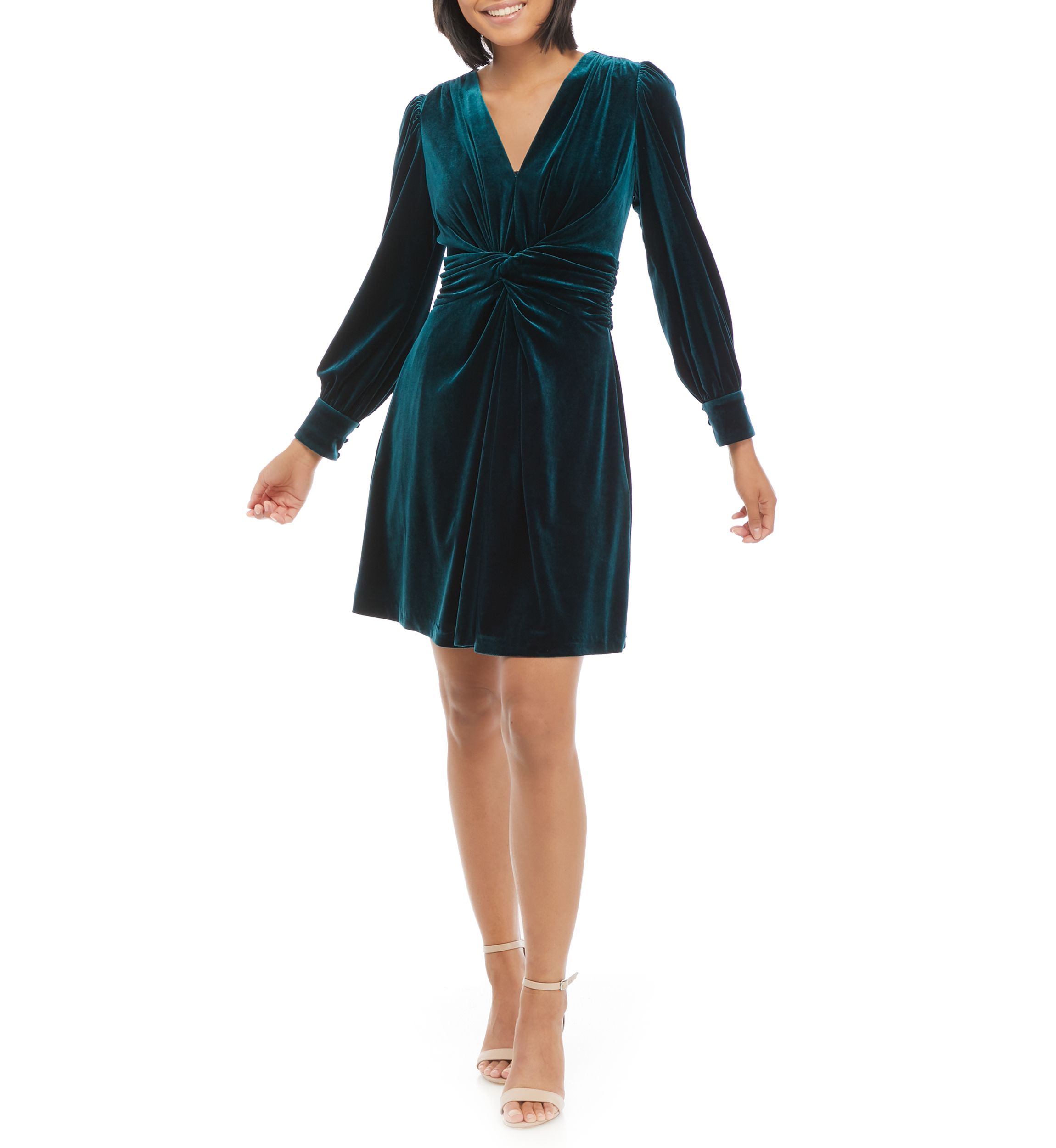 Womens Blouson Sleeve Ruched Waist Velvet Hunter Dress