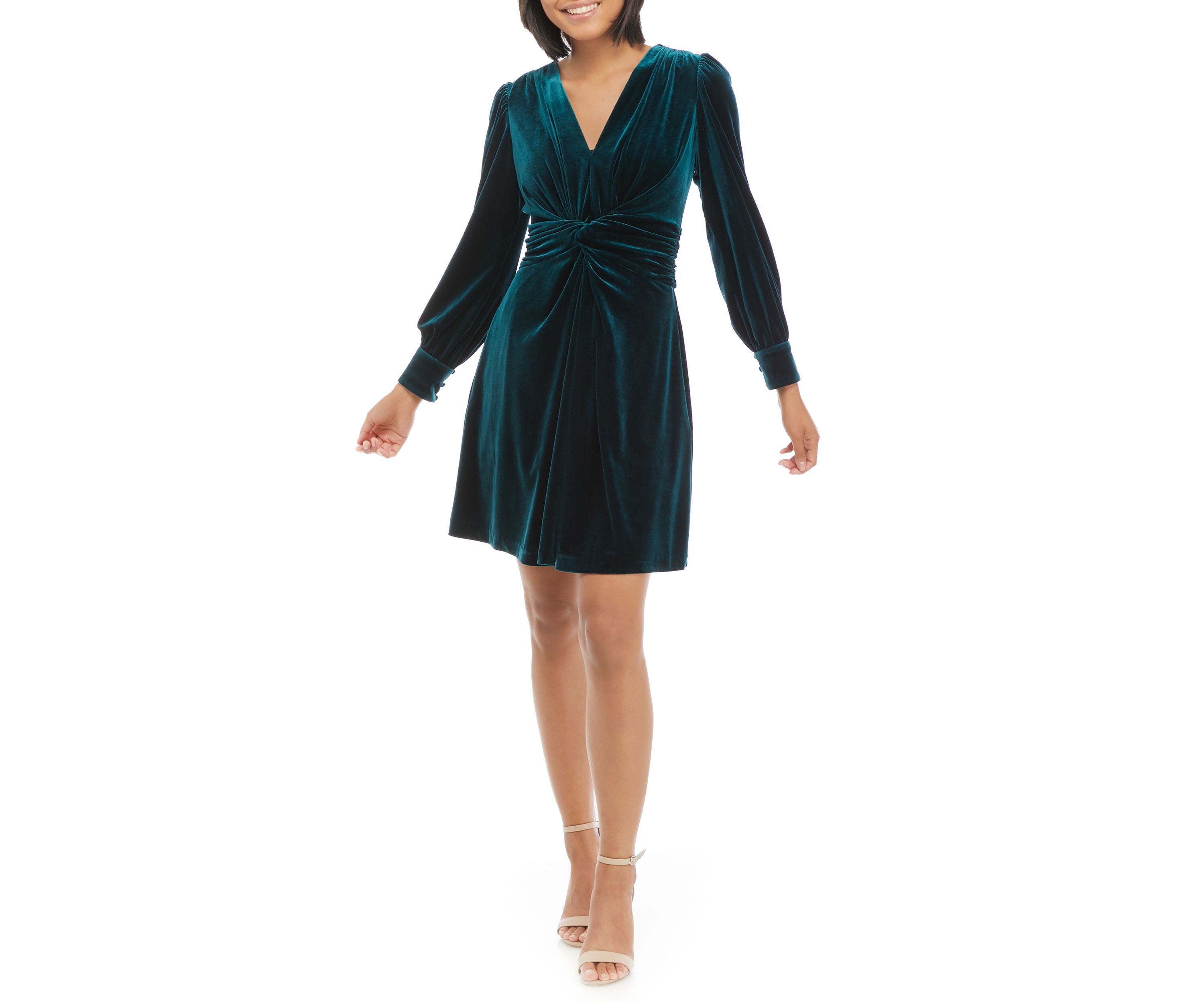 Womens Blouson Sleeve Ruched Waist Velvet Hunter Dress