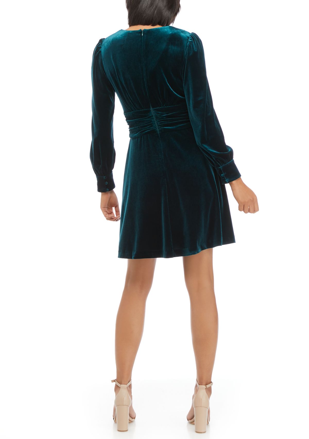 Womens Blouson Sleeve Ruched Waist Velvet Hunter Dress