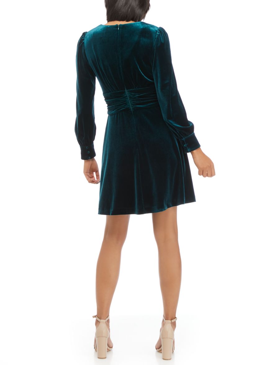 Womens Blouson Sleeve Ruched Waist Velvet Hunter Dress