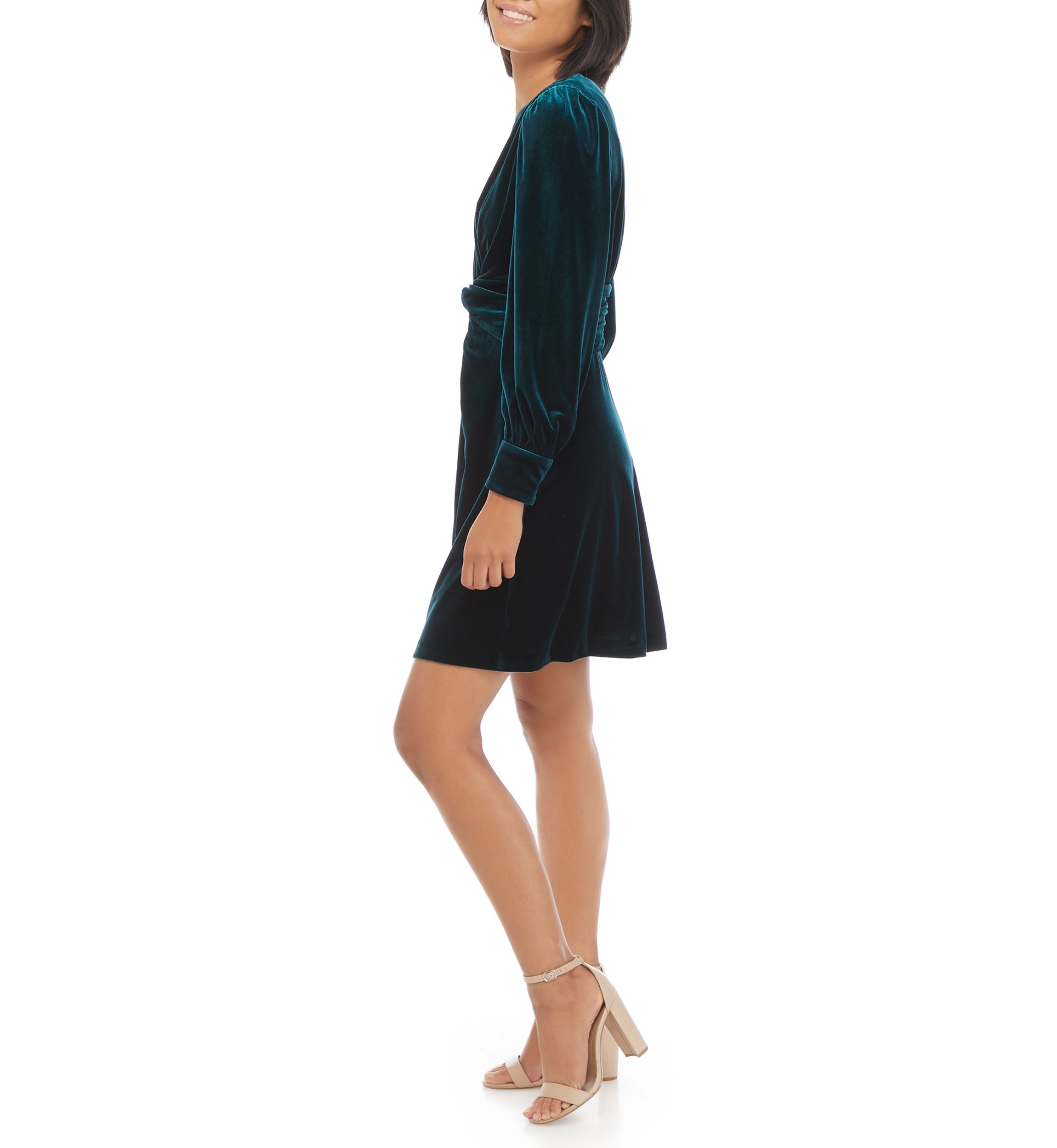 Womens Blouson Sleeve Ruched Waist Velvet Hunter Dress