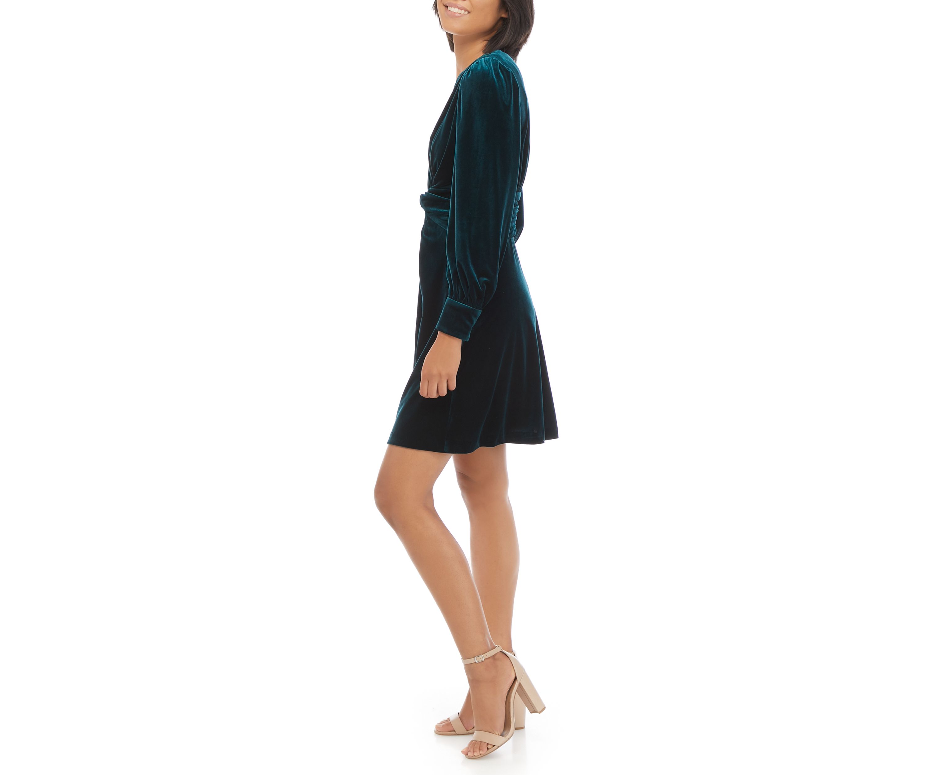 Womens Blouson Sleeve Ruched Waist Velvet Hunter Dress