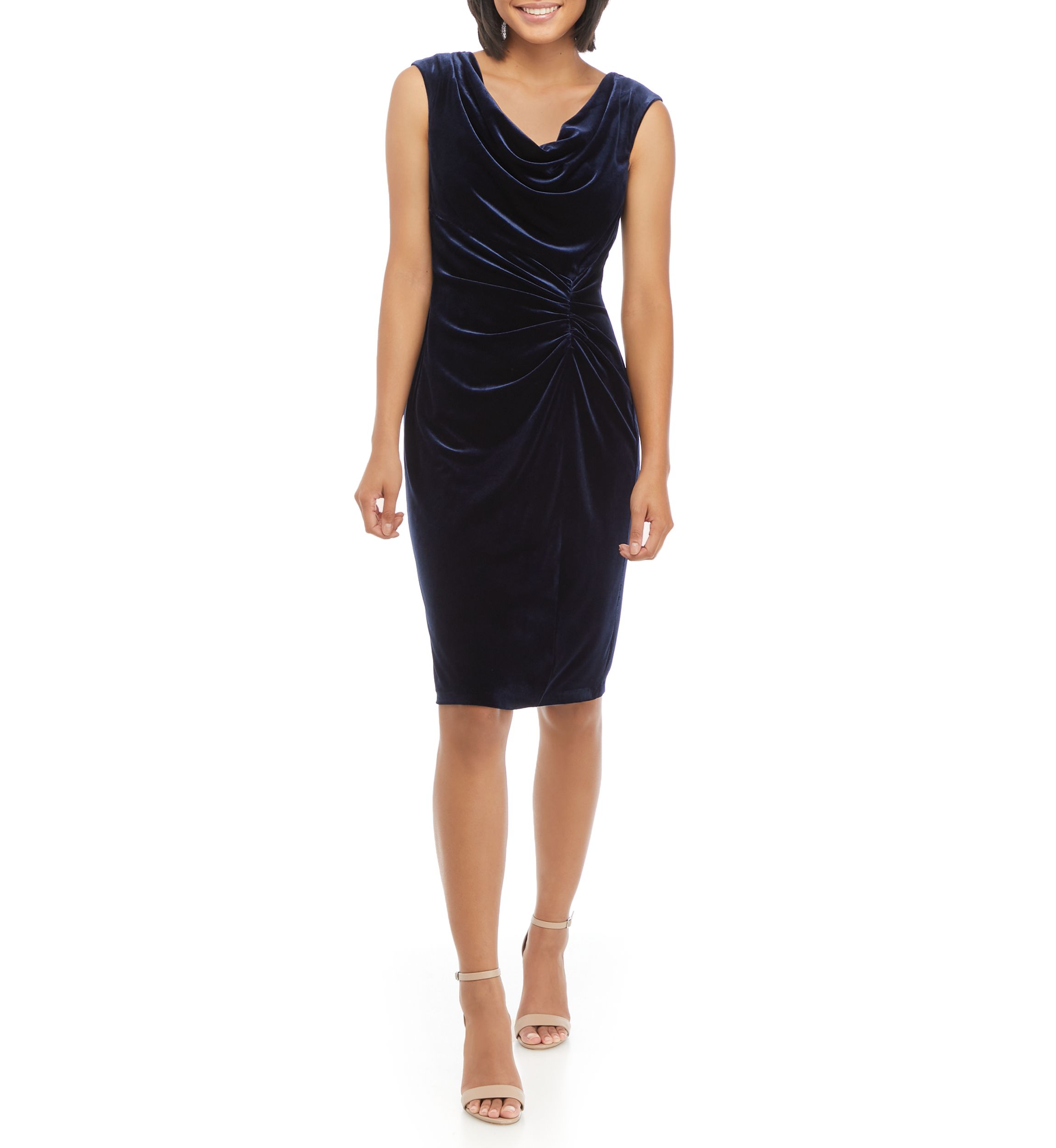 Womens Sleeveless Cowl Neck Velvet Side Ruched Dress
