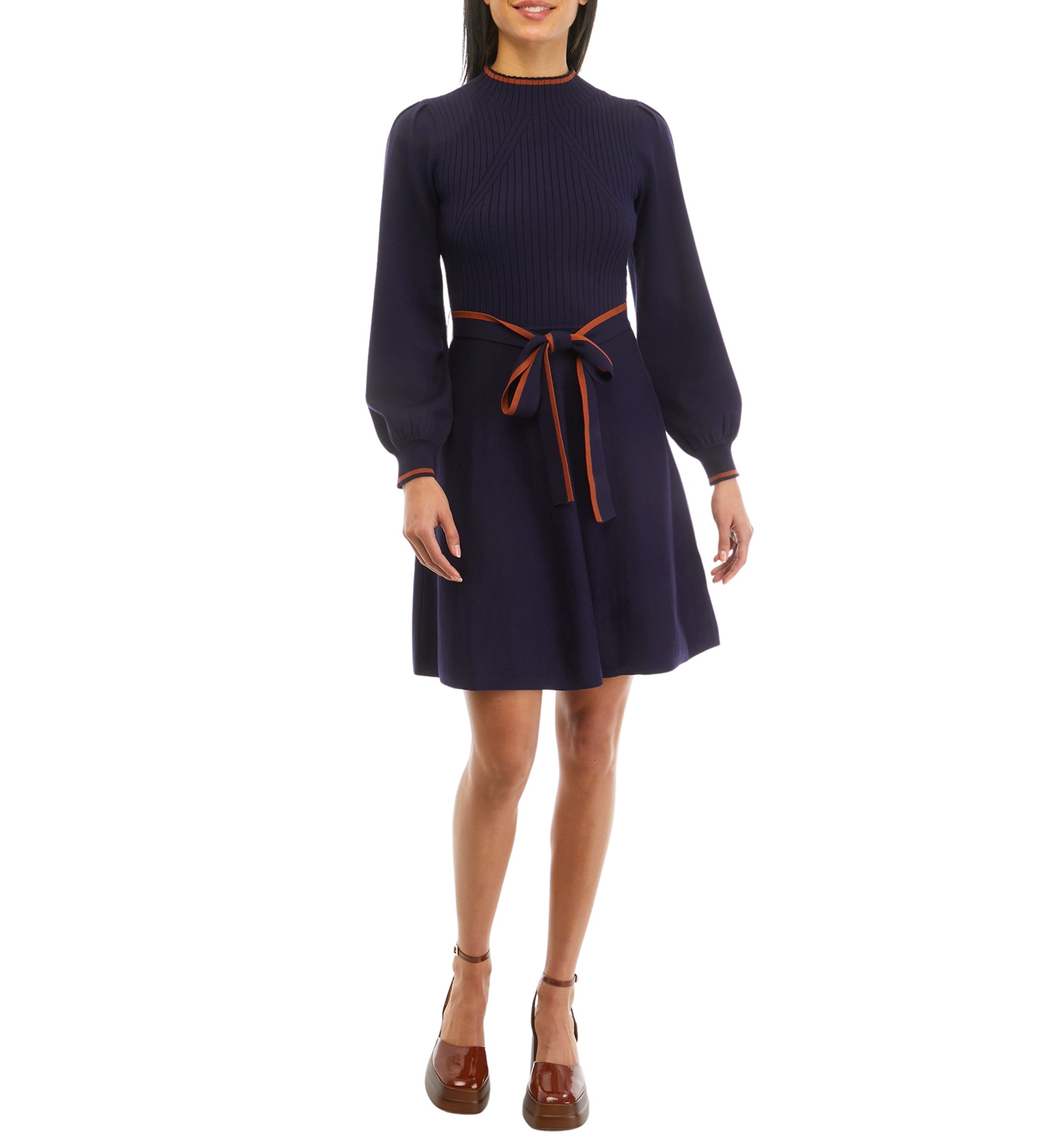 Womens Balloon Sleeve Mock Neck Fit and Flare Dress
