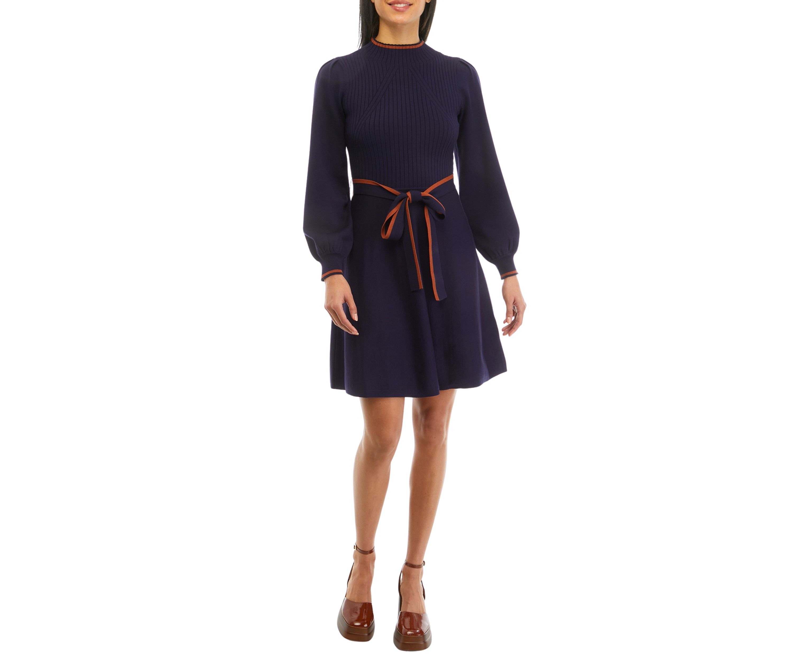 Womens Balloon Sleeve Mock Neck Fit and Flare Dress