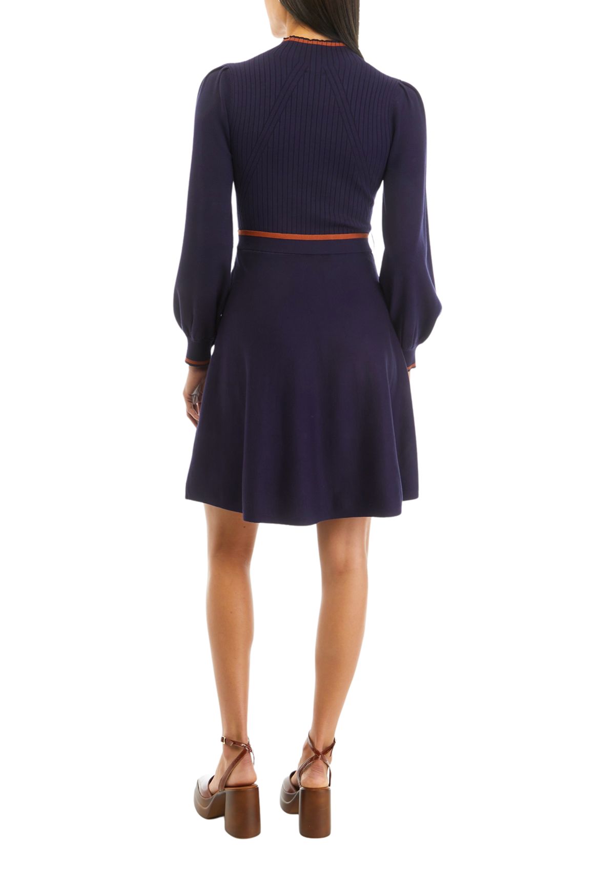 Womens Balloon Sleeve Mock Neck Fit and Flare Dress