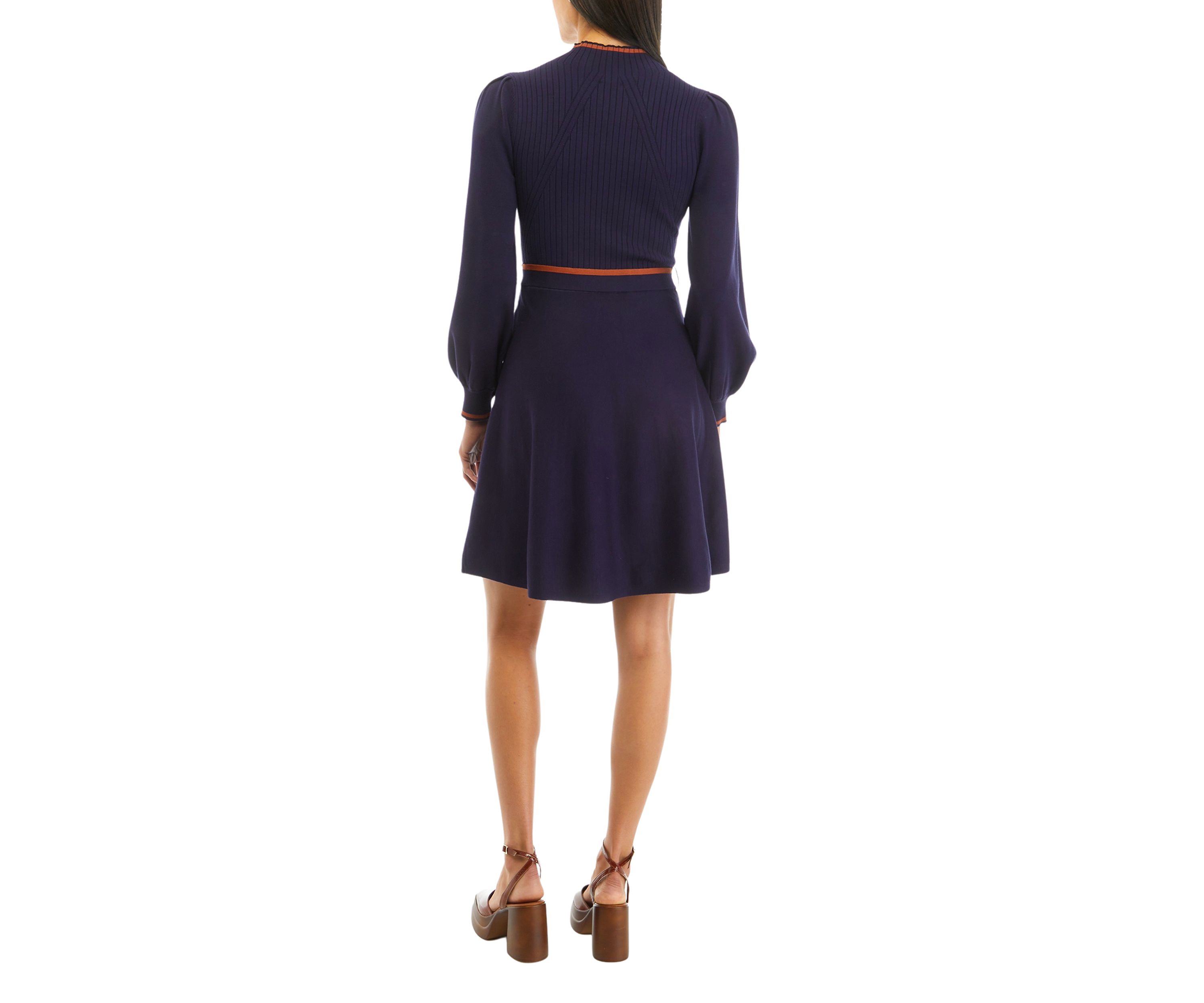 Womens Balloon Sleeve Mock Neck Fit and Flare Dress