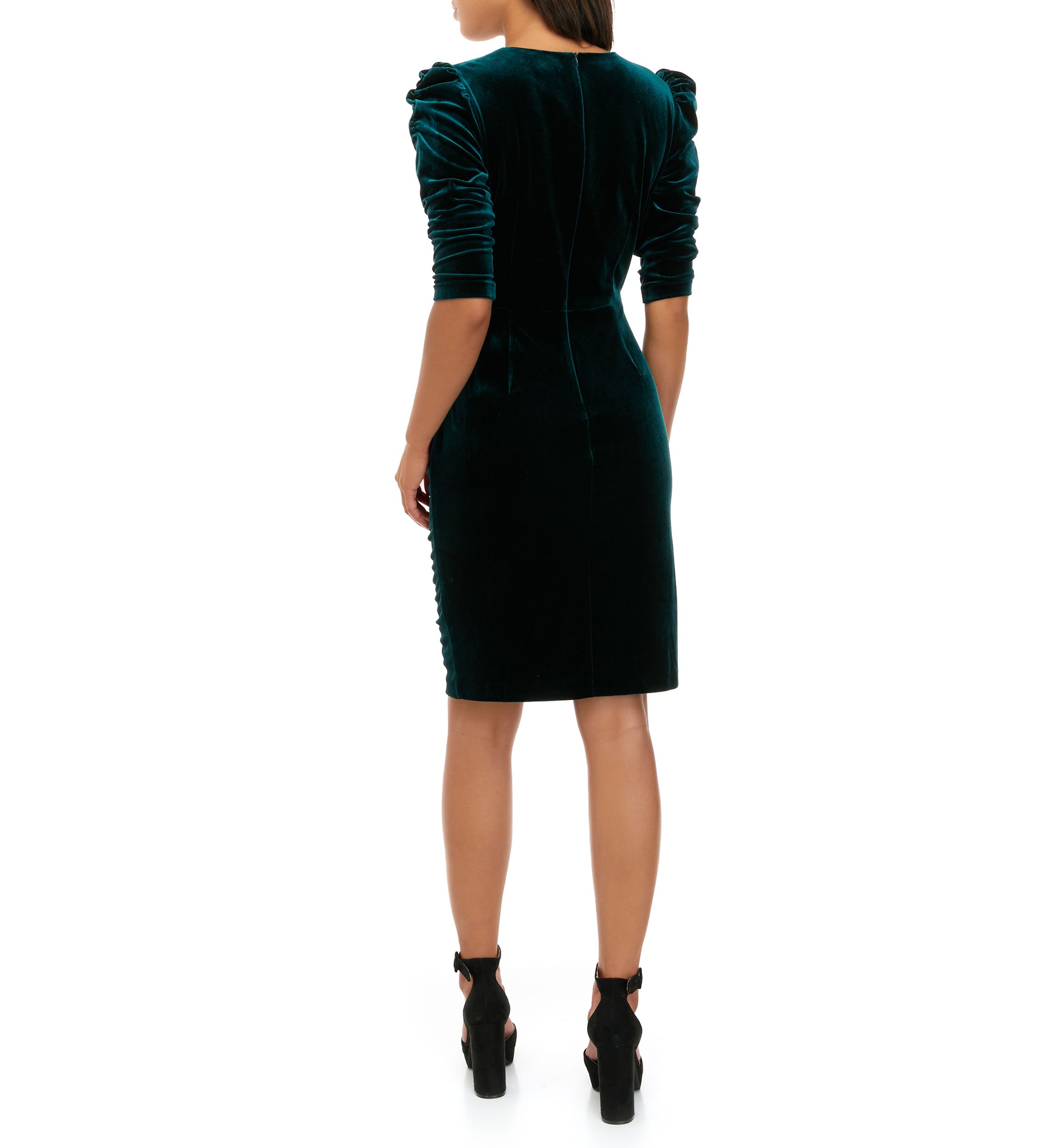 Womens Elbow Sleeve Velvet Shirred Sheath Dress