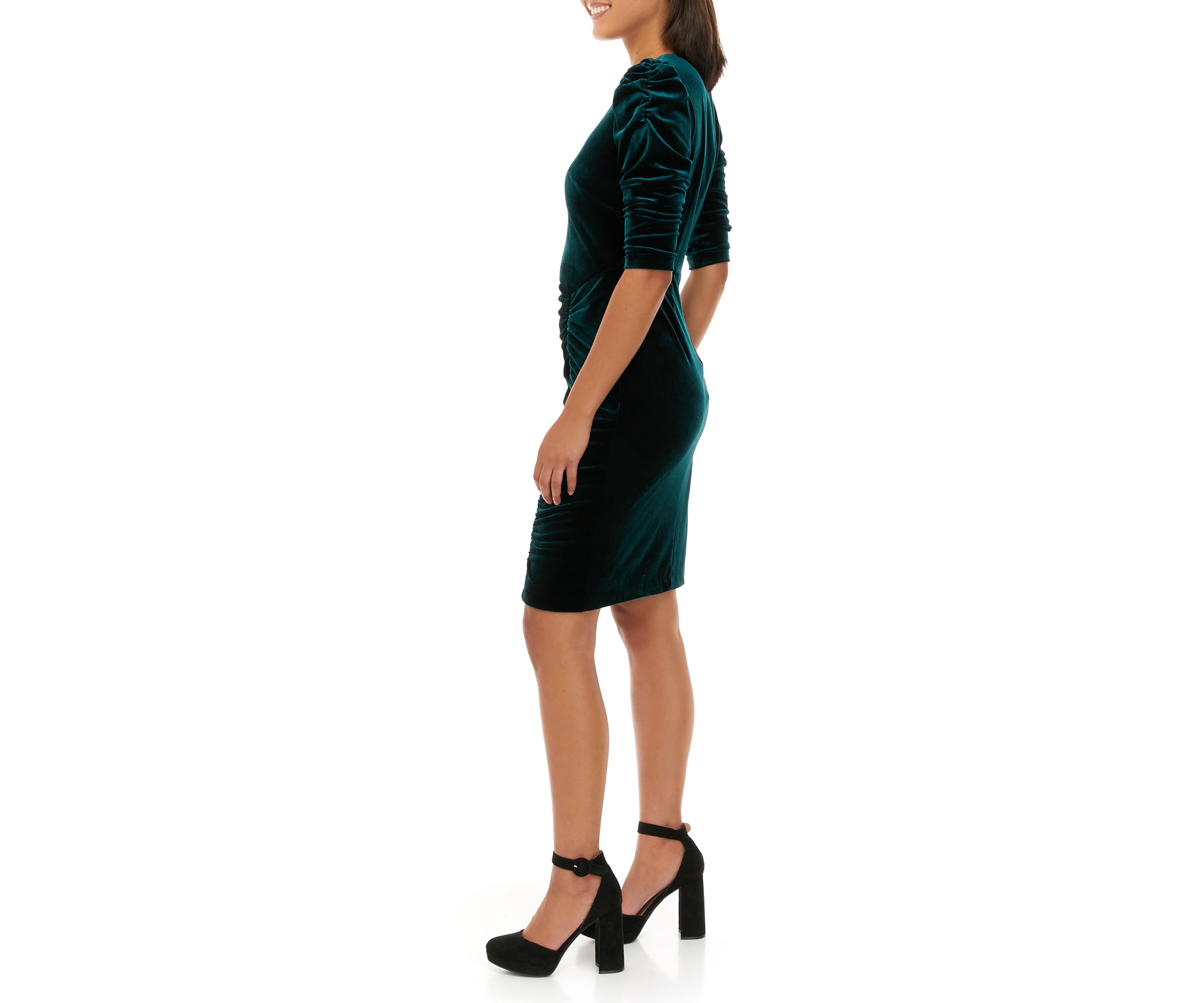 Womens Elbow Sleeve Velvet Shirred Sheath Dress