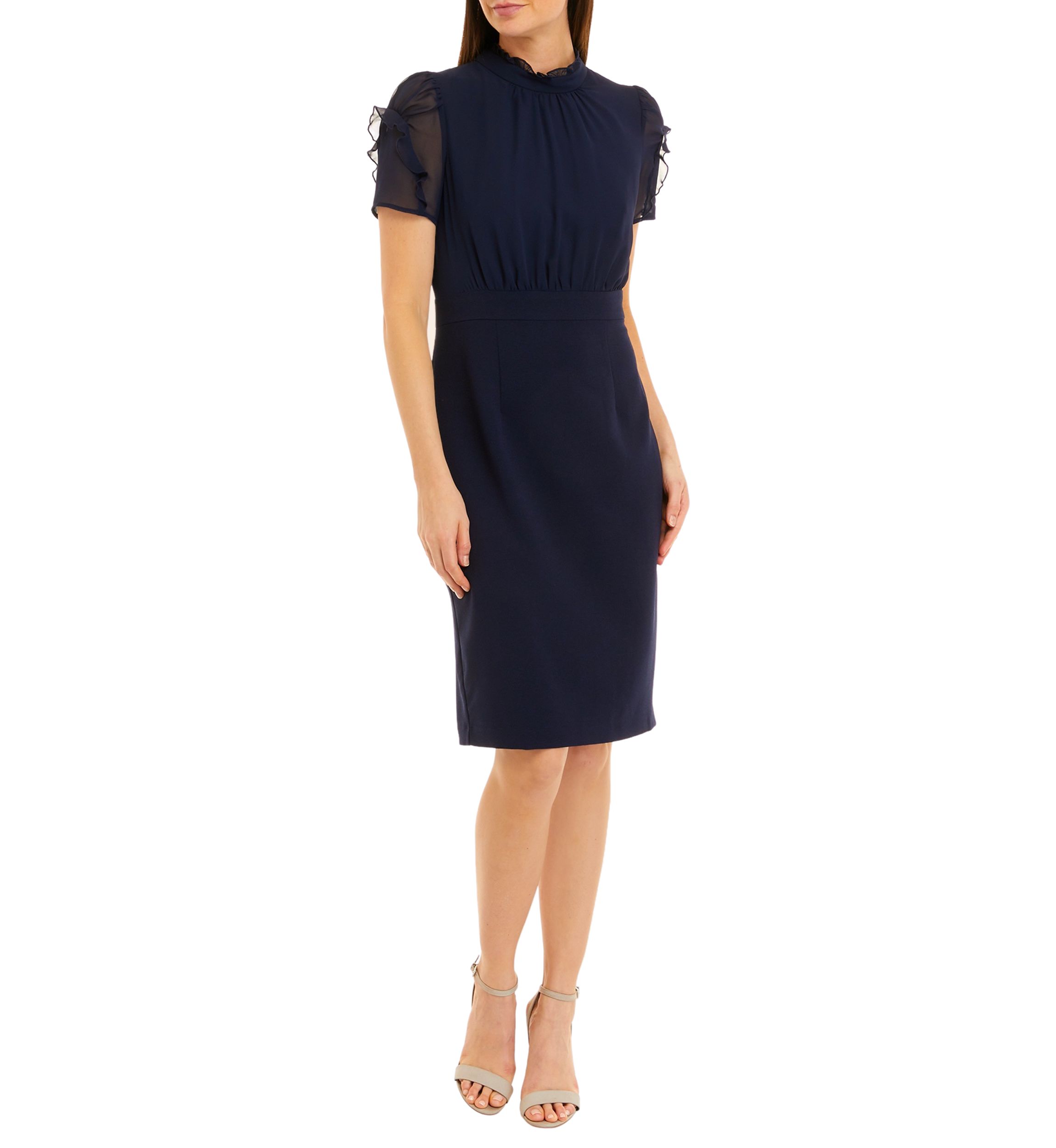 Womens Short Sleeve Ruffle Mock Neck Blouson Sheath Dress