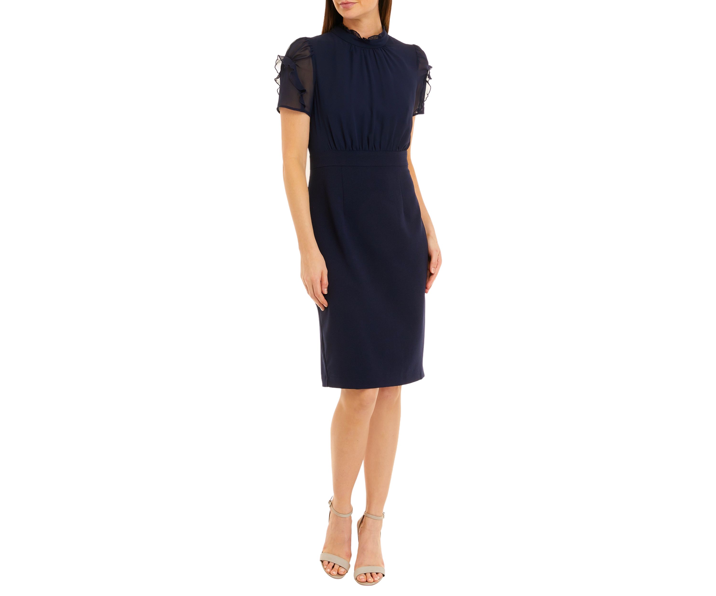 Womens Short Sleeve Ruffle Mock Neck Blouson Sheath Dress