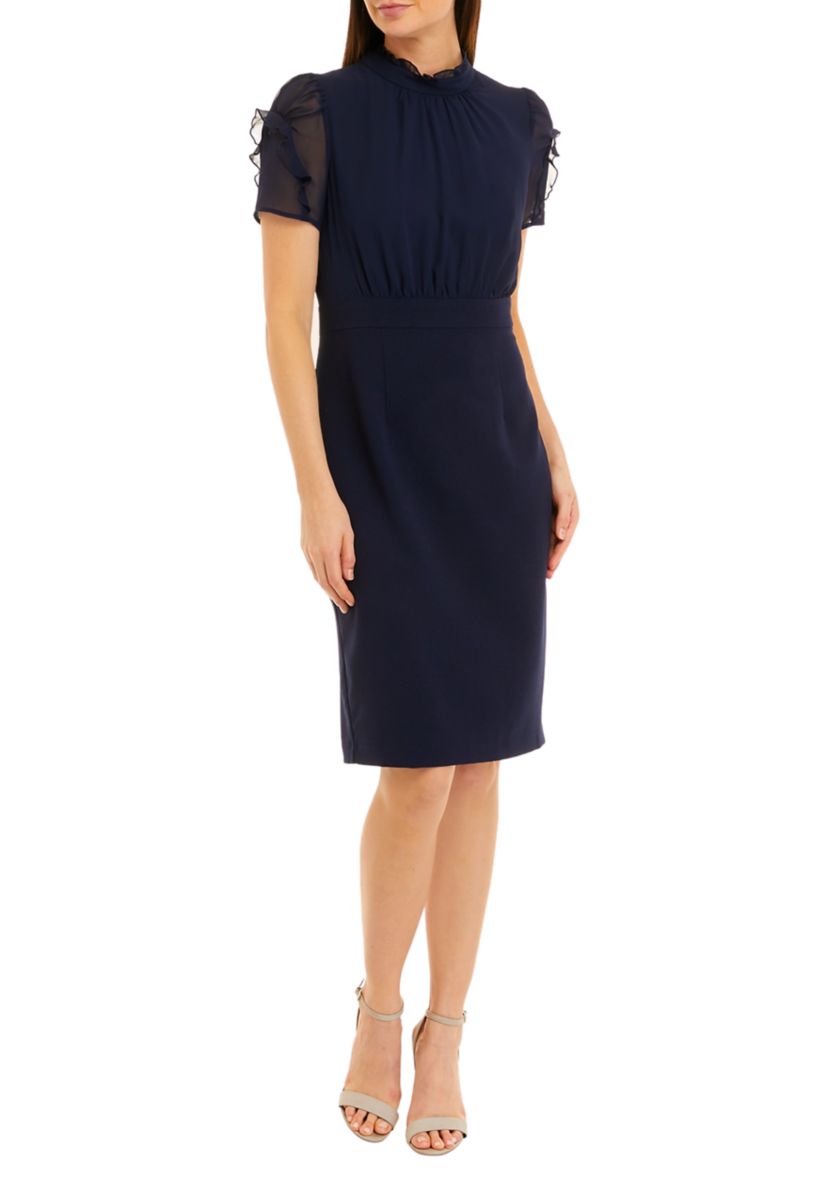 Womens Short Sleeve Ruffle Mock Neck Blouson Sheath Dress