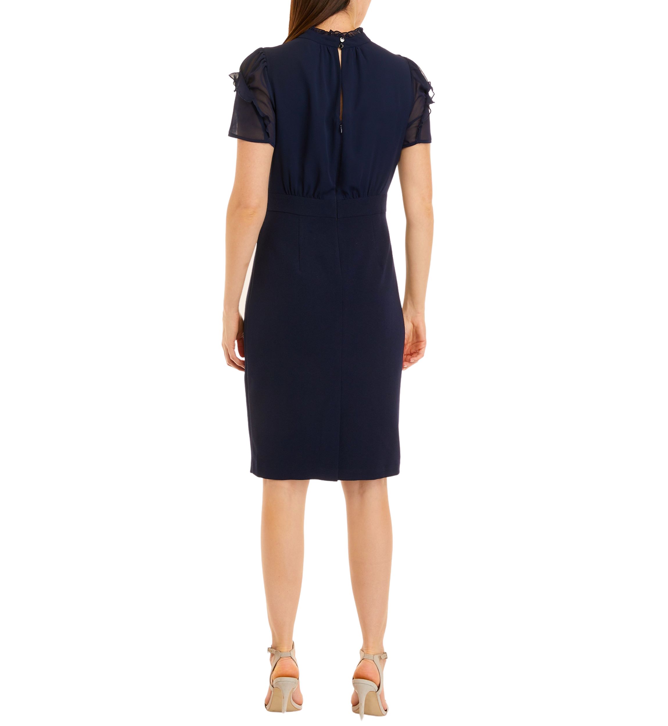 Womens Short Sleeve Ruffle Mock Neck Blouson Sheath Dress