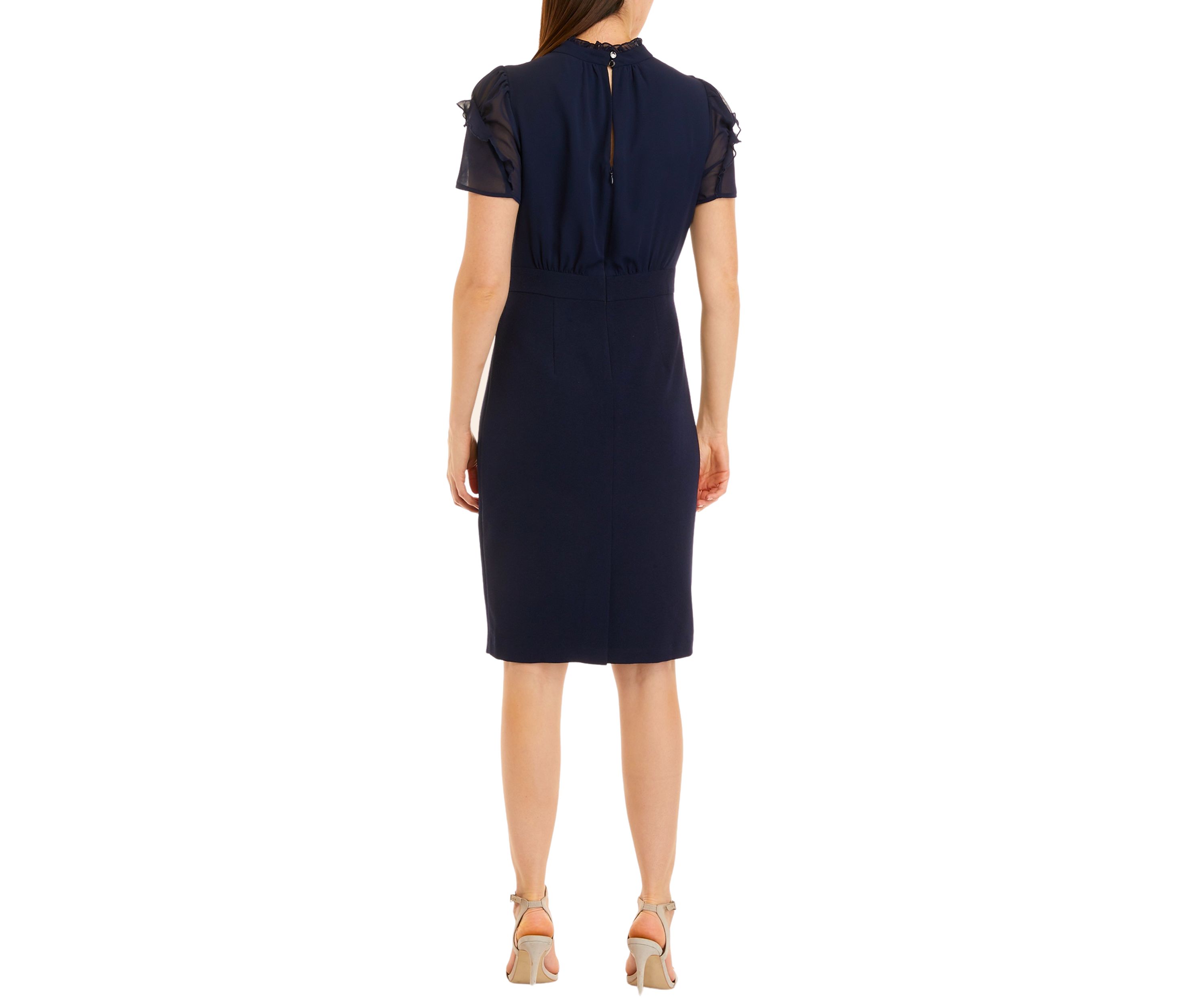 Womens Short Sleeve Ruffle Mock Neck Blouson Sheath Dress