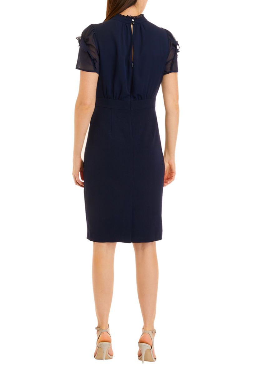 Womens Short Sleeve Ruffle Mock Neck Blouson Sheath Dress