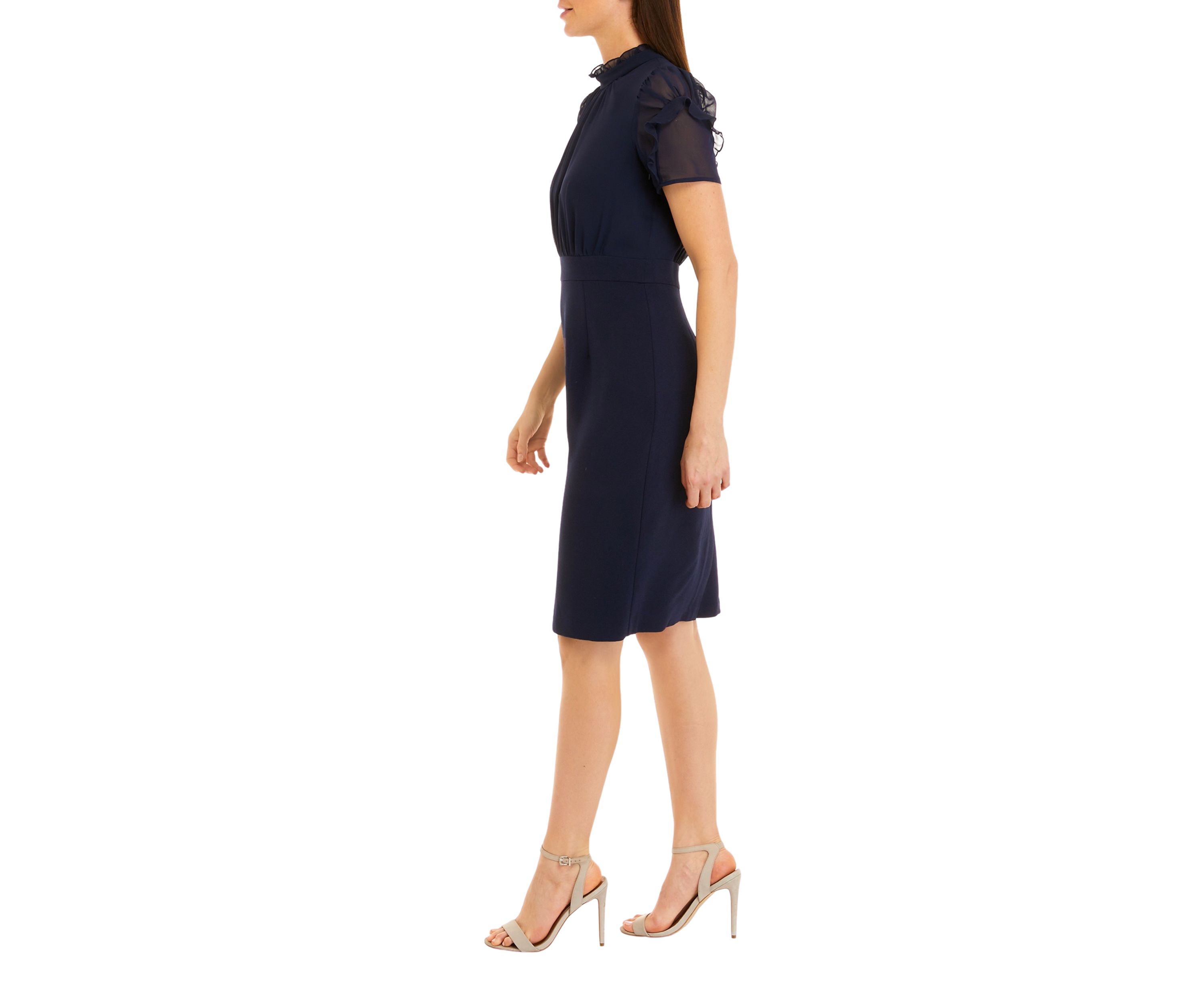 Womens Short Sleeve Ruffle Mock Neck Blouson Sheath Dress