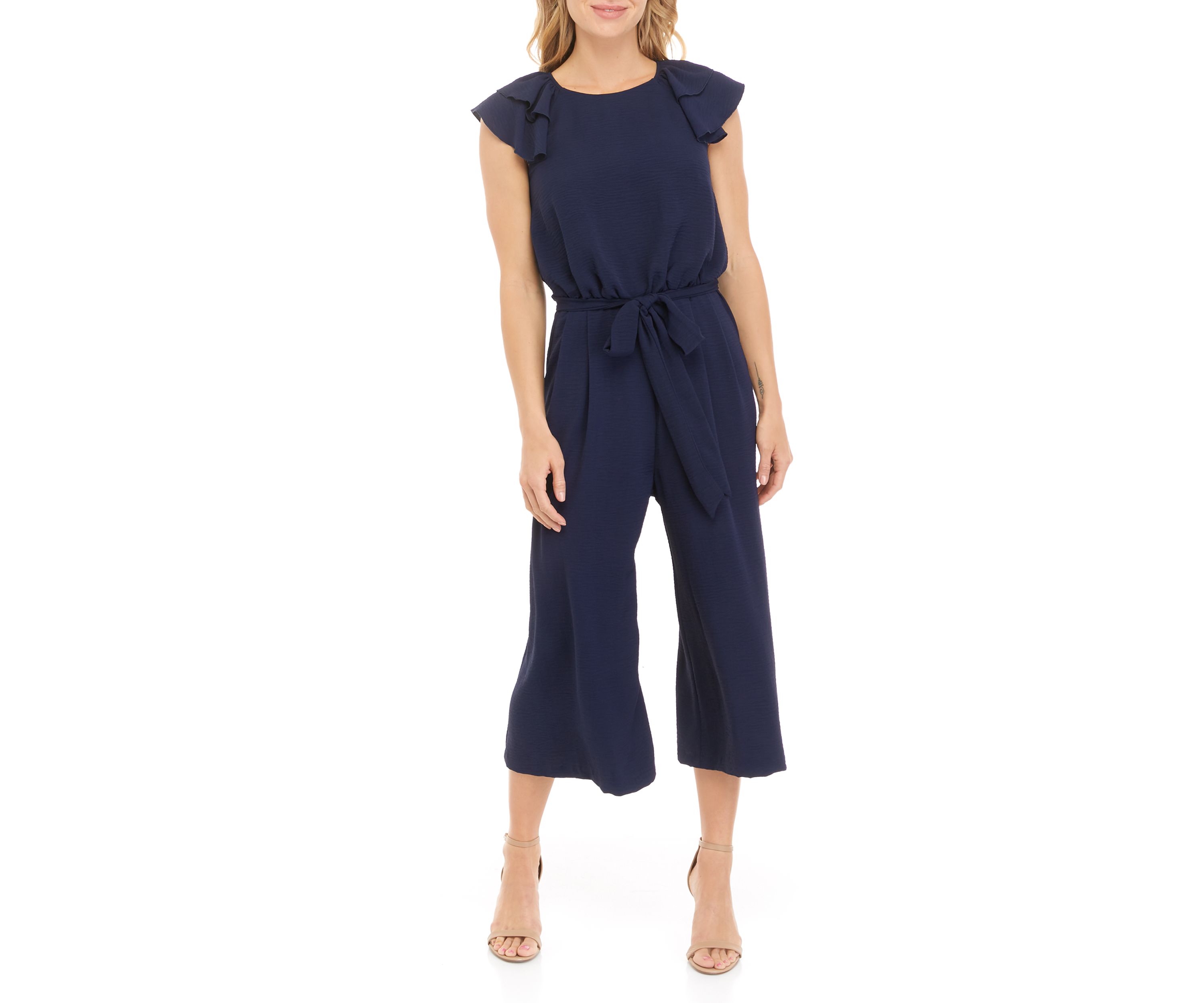 Womens Ruffle Sleeve Belted Jumpsuit 