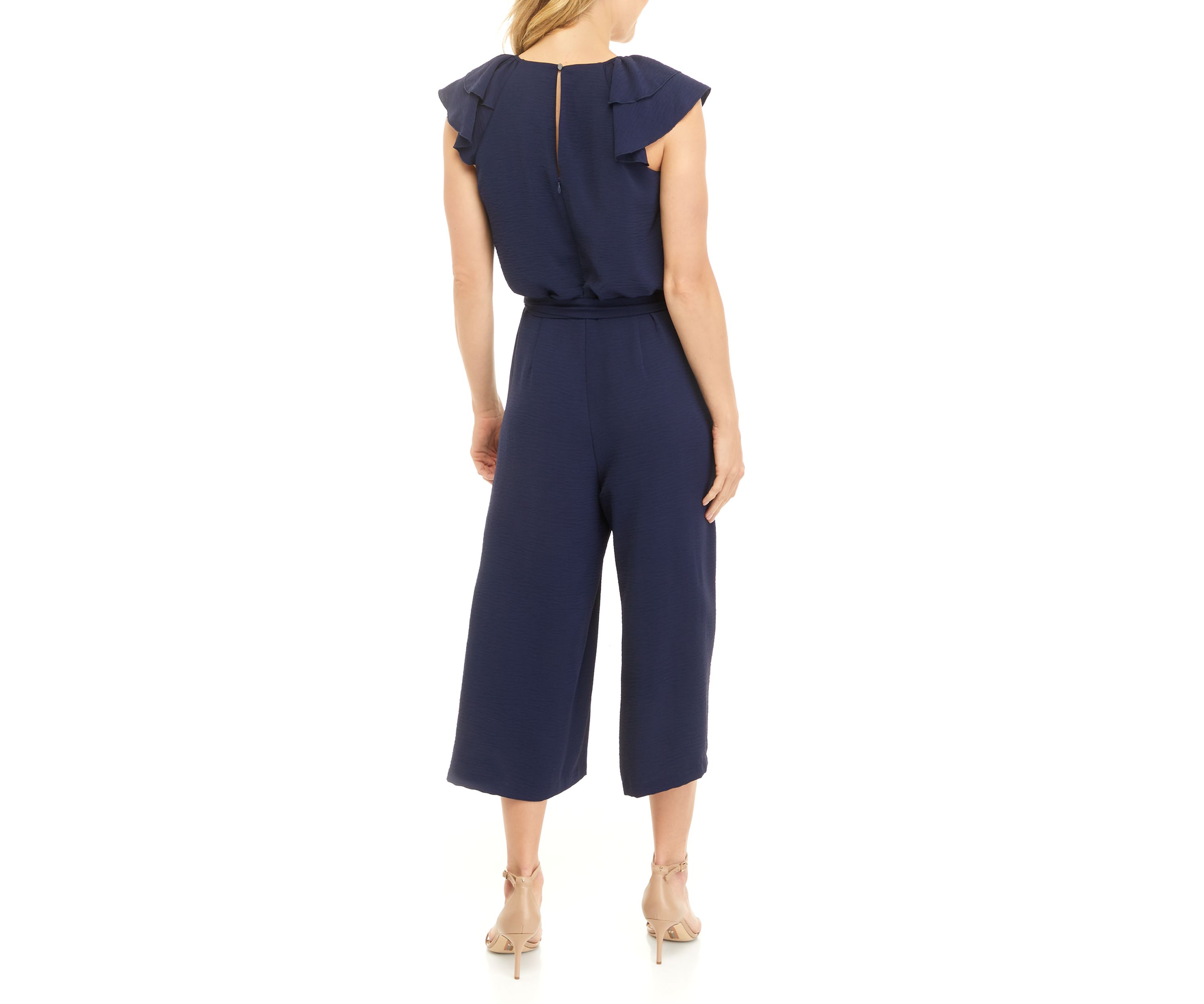 Womens Ruffle Sleeve Belted Jumpsuit 