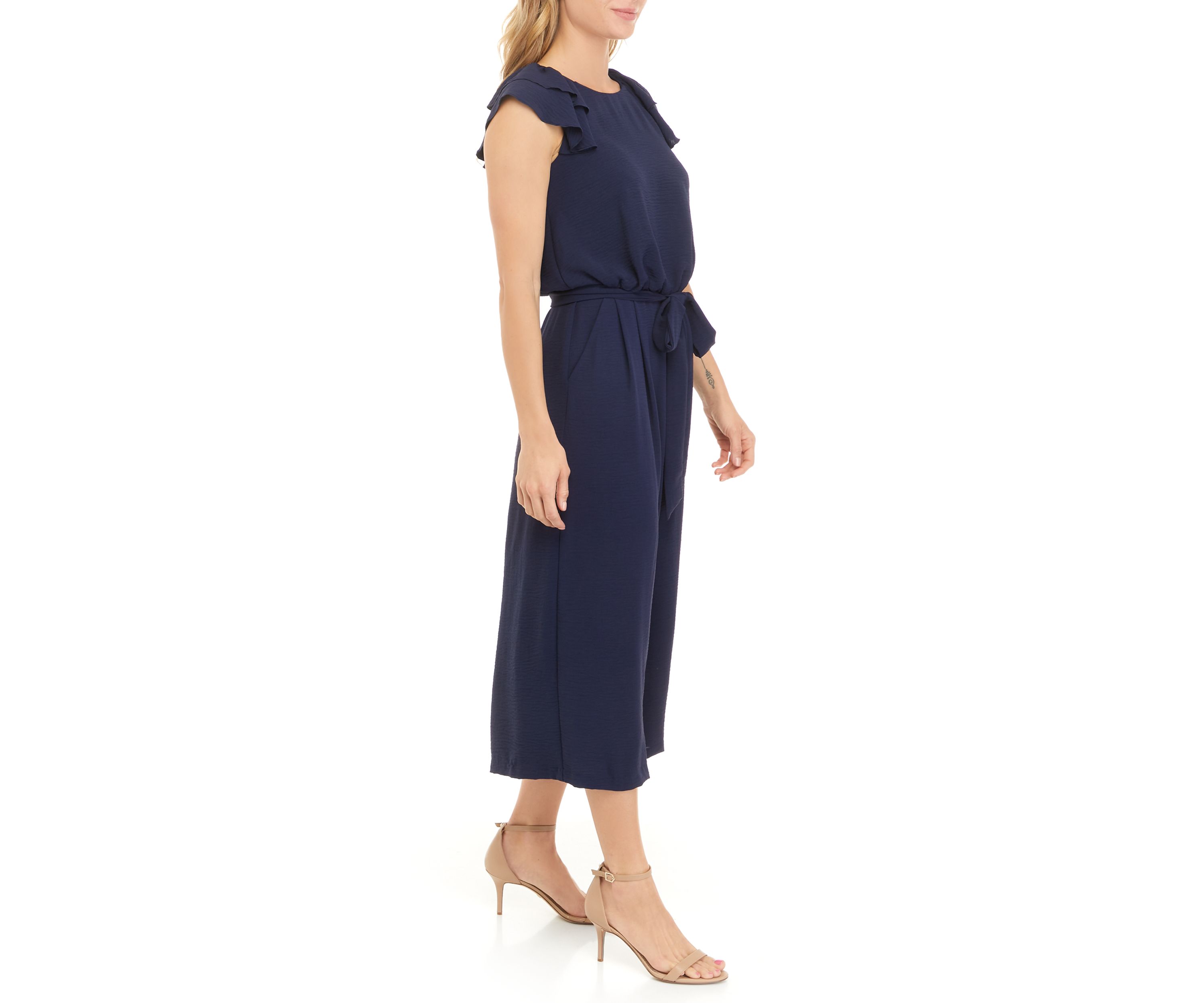 Womens Ruffle Sleeve Belted Jumpsuit 