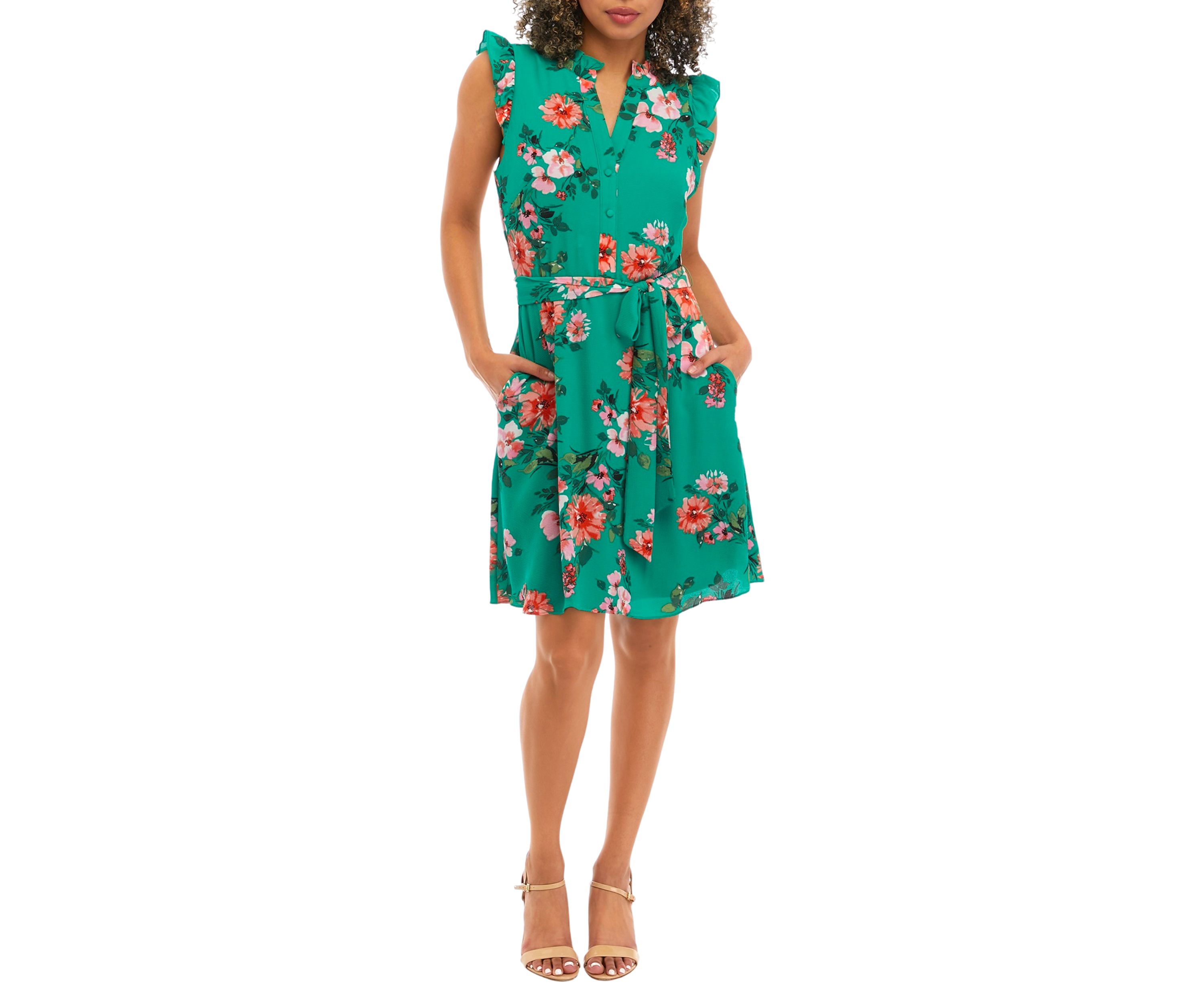 Womens Printed Pebble Crepe Ruffle Neck Button Down Midi Flounce Shirtdress