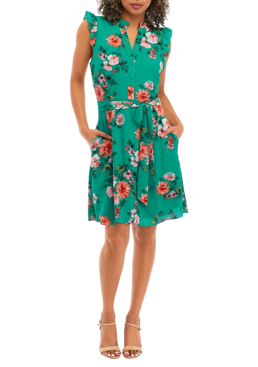 Womens Printed Pebble Crepe Ruffle Neck Button Down Midi Flounce Shirtdress