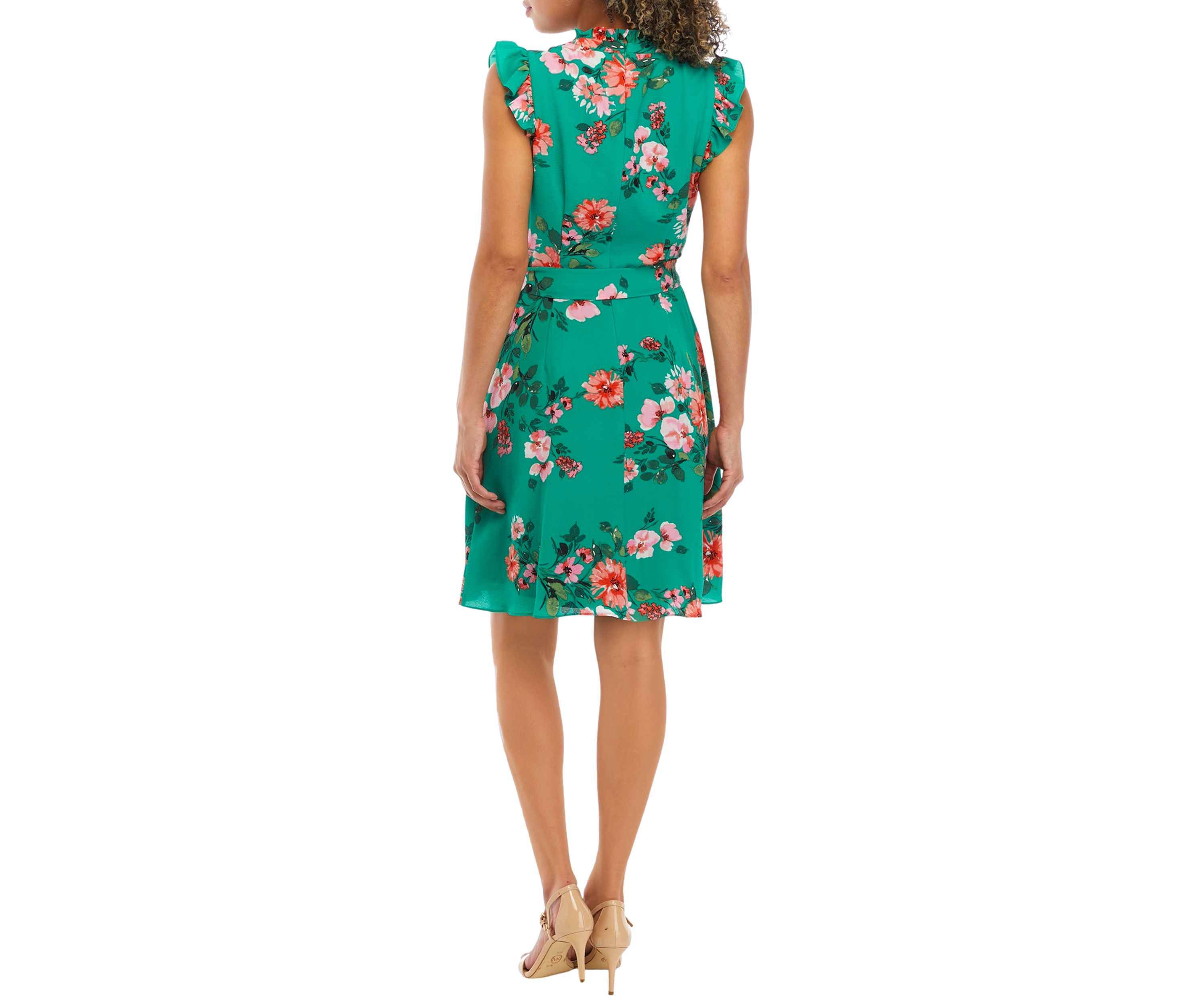 Womens Printed Pebble Crepe Ruffle Neck Button Down Midi Flounce Shirtdress