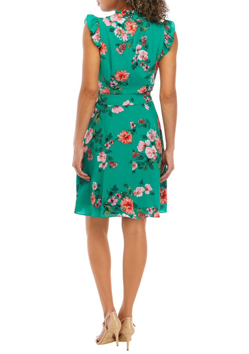 Womens Printed Pebble Crepe Ruffle Neck Button Down Midi Flounce Shirtdress