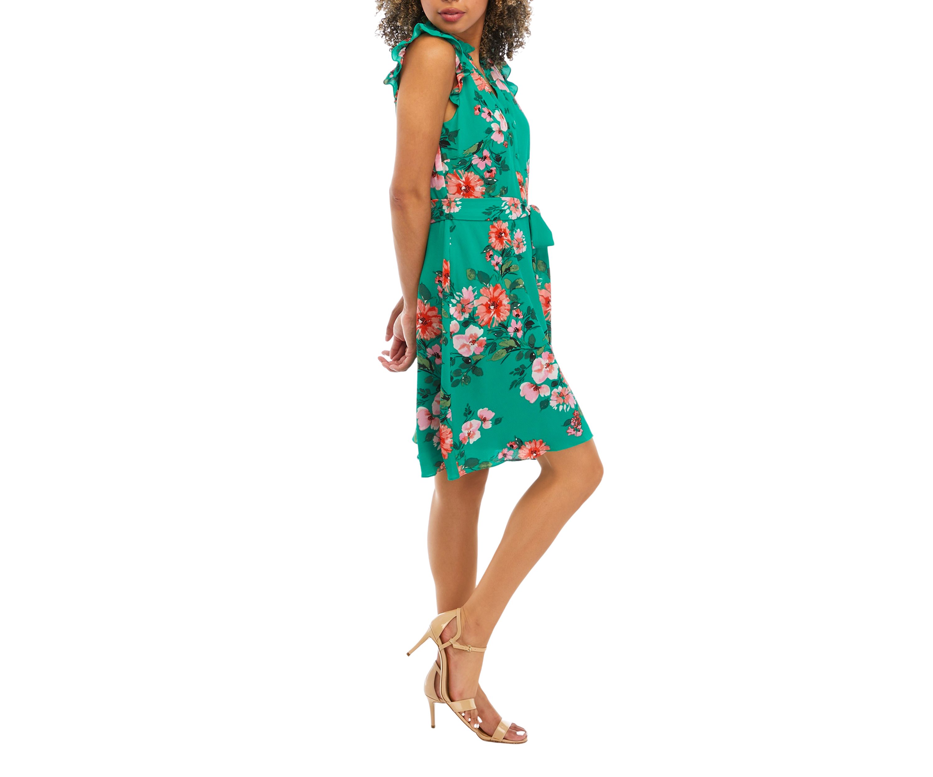Womens Printed Pebble Crepe Ruffle Neck Button Down Midi Flounce Shirtdress