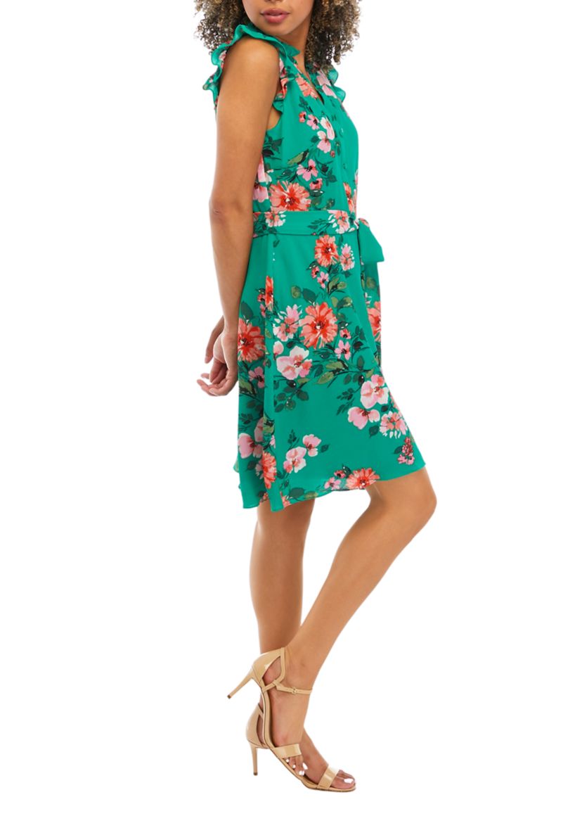 Womens Printed Pebble Crepe Ruffle Neck Button Down Midi Flounce Shirtdress