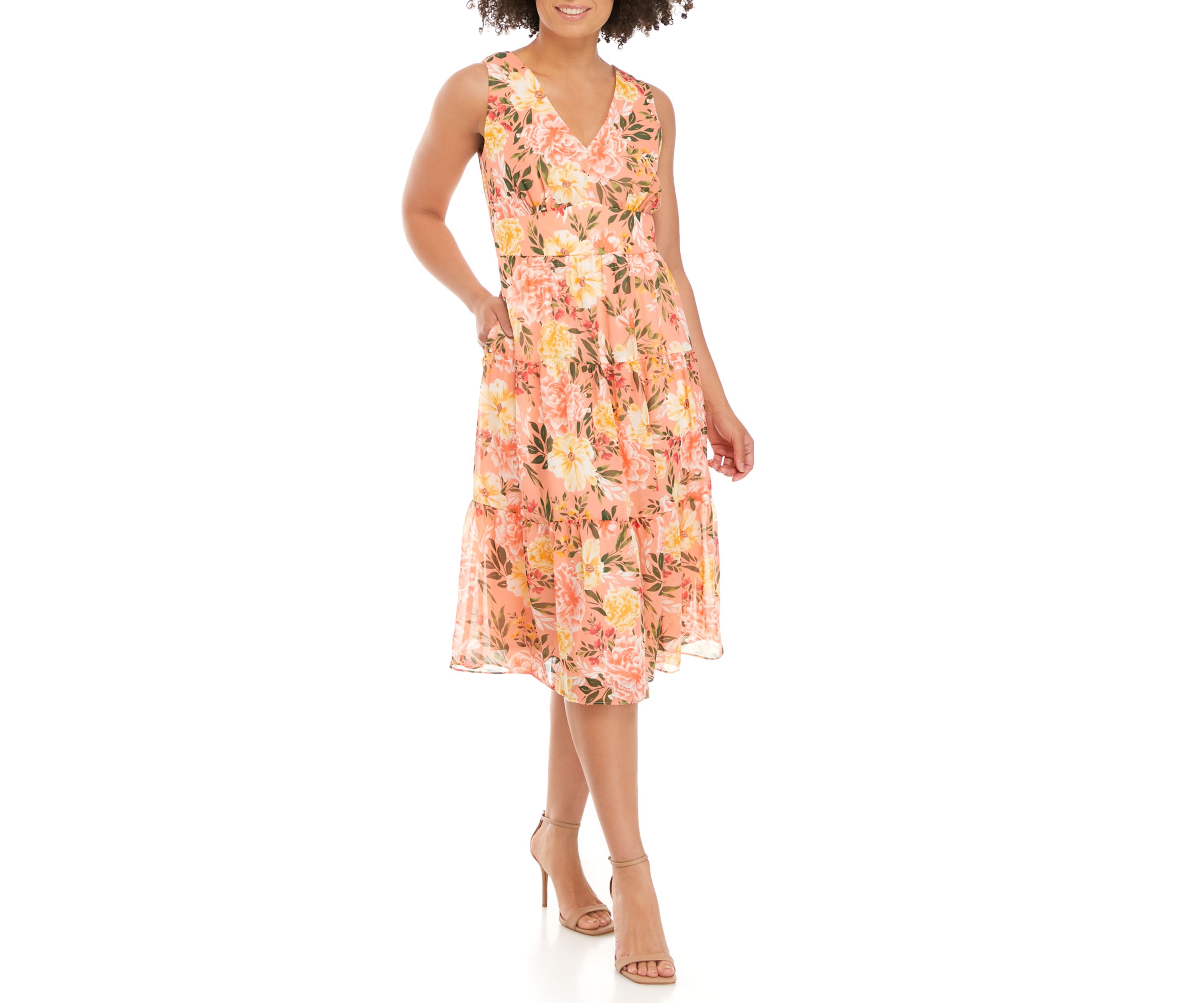 Printed Chiffon V Neck Tier Midi Dress with Sash 