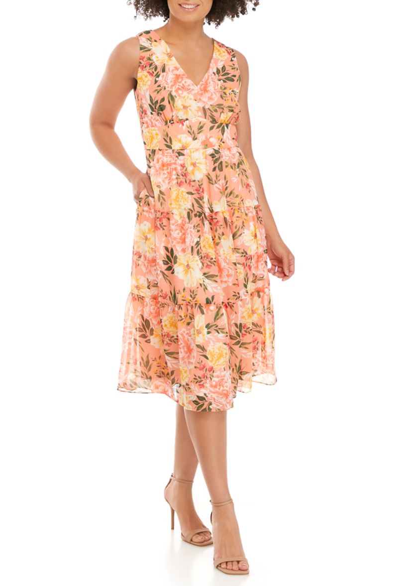 Printed Chiffon V Neck Tier Midi Dress with Sash 