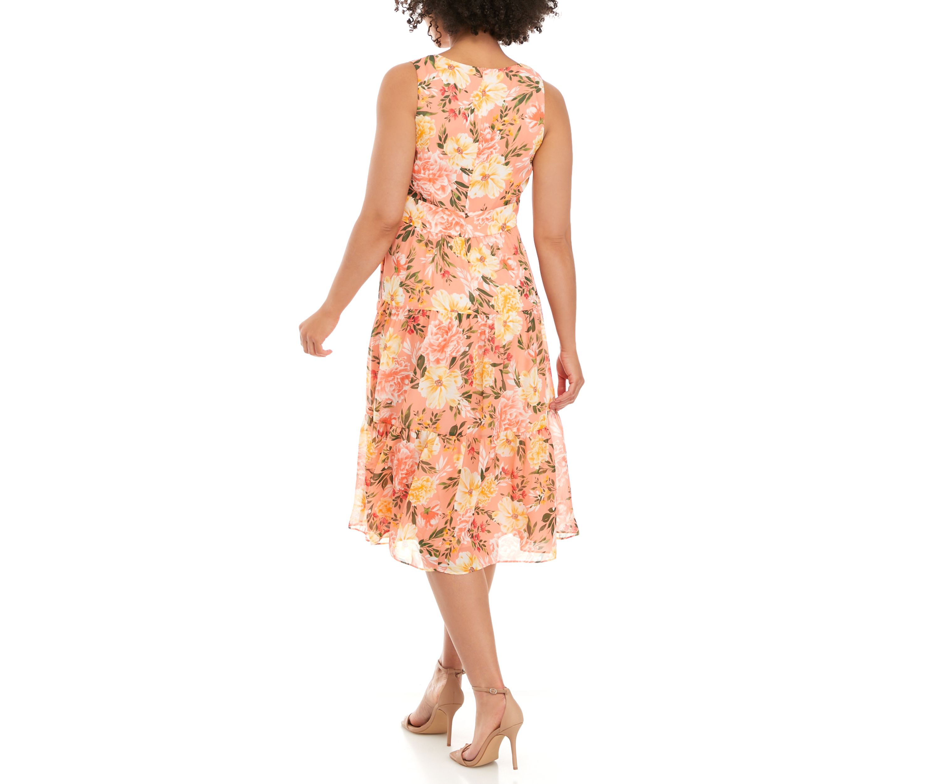 Printed Chiffon V Neck Tier Midi Dress with Sash 