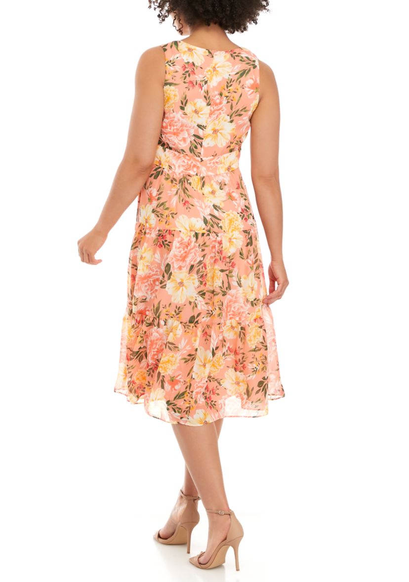 Printed Chiffon V Neck Tier Midi Dress with Sash 