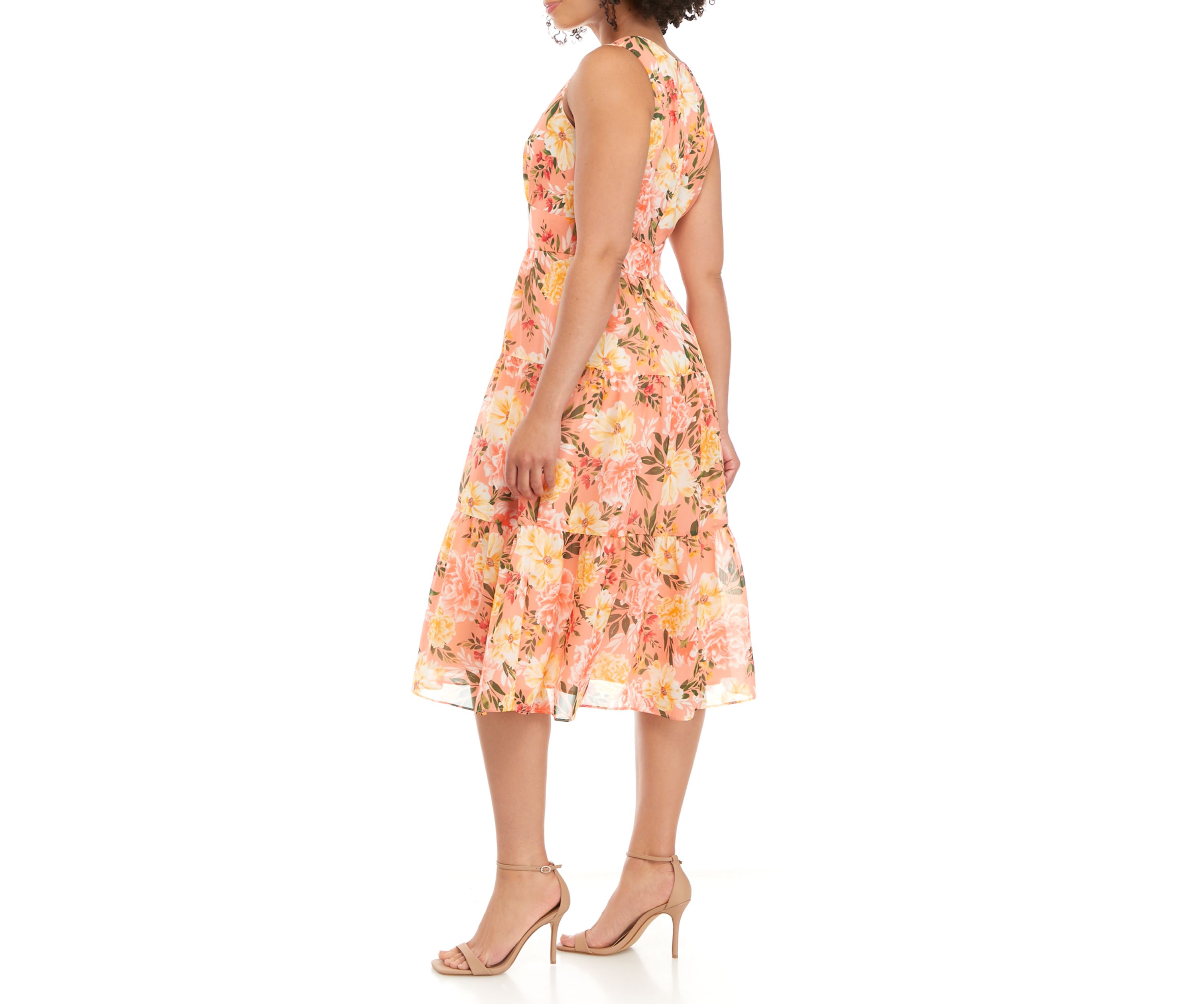 Printed Chiffon V Neck Tier Midi Dress with Sash 