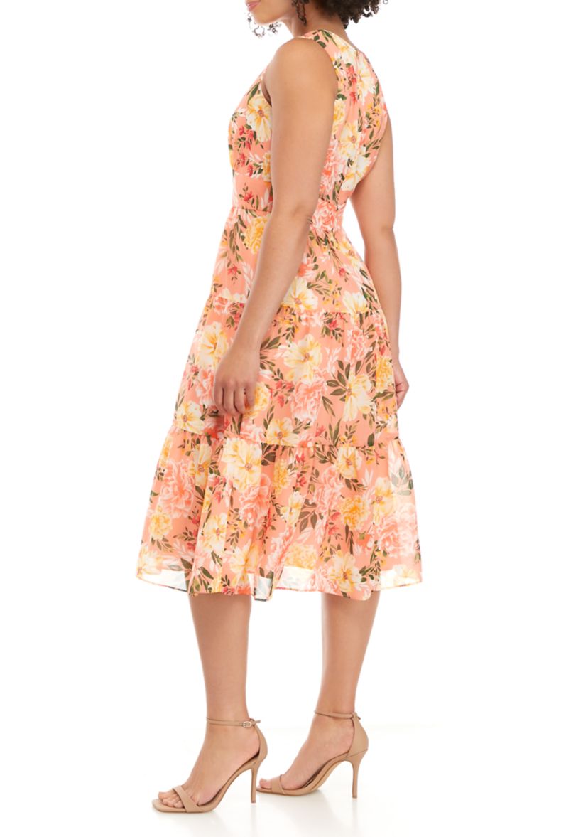 Printed Chiffon V Neck Tier Midi Dress with Sash 