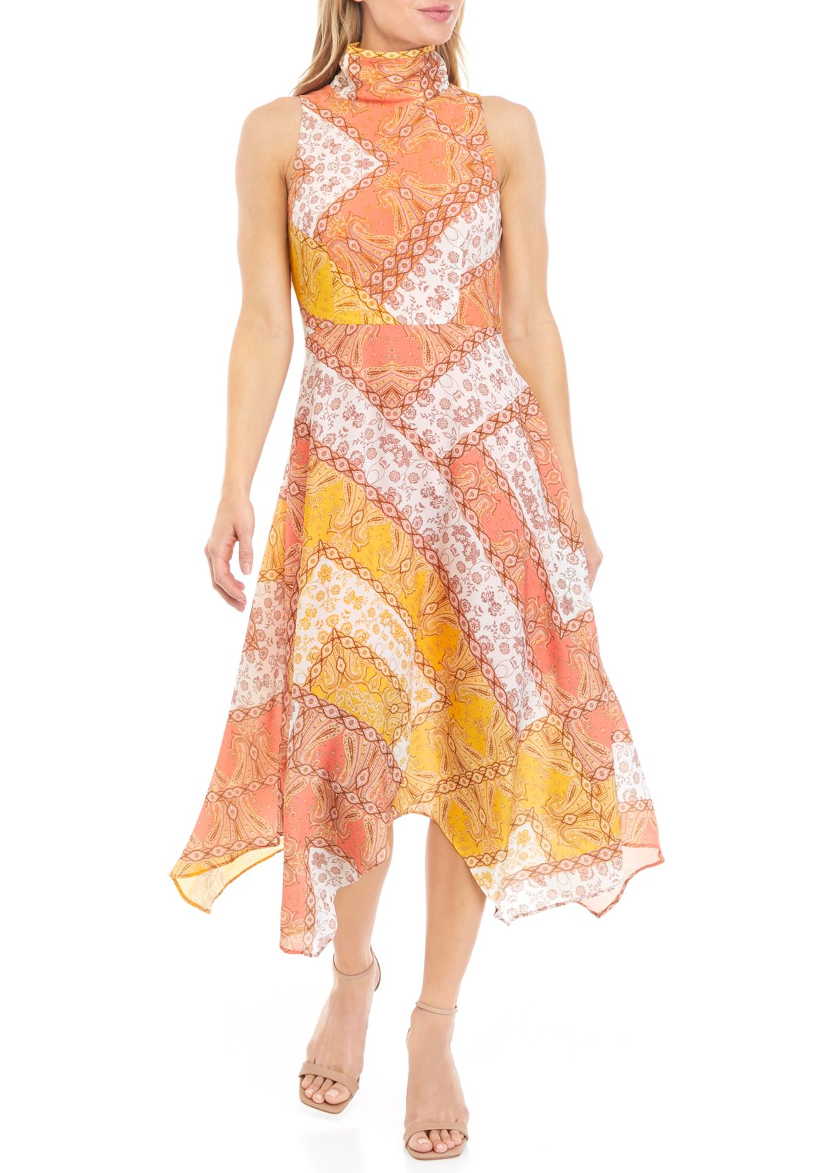 Womens Sleeveless Mock Neck Patchwork Print Dress