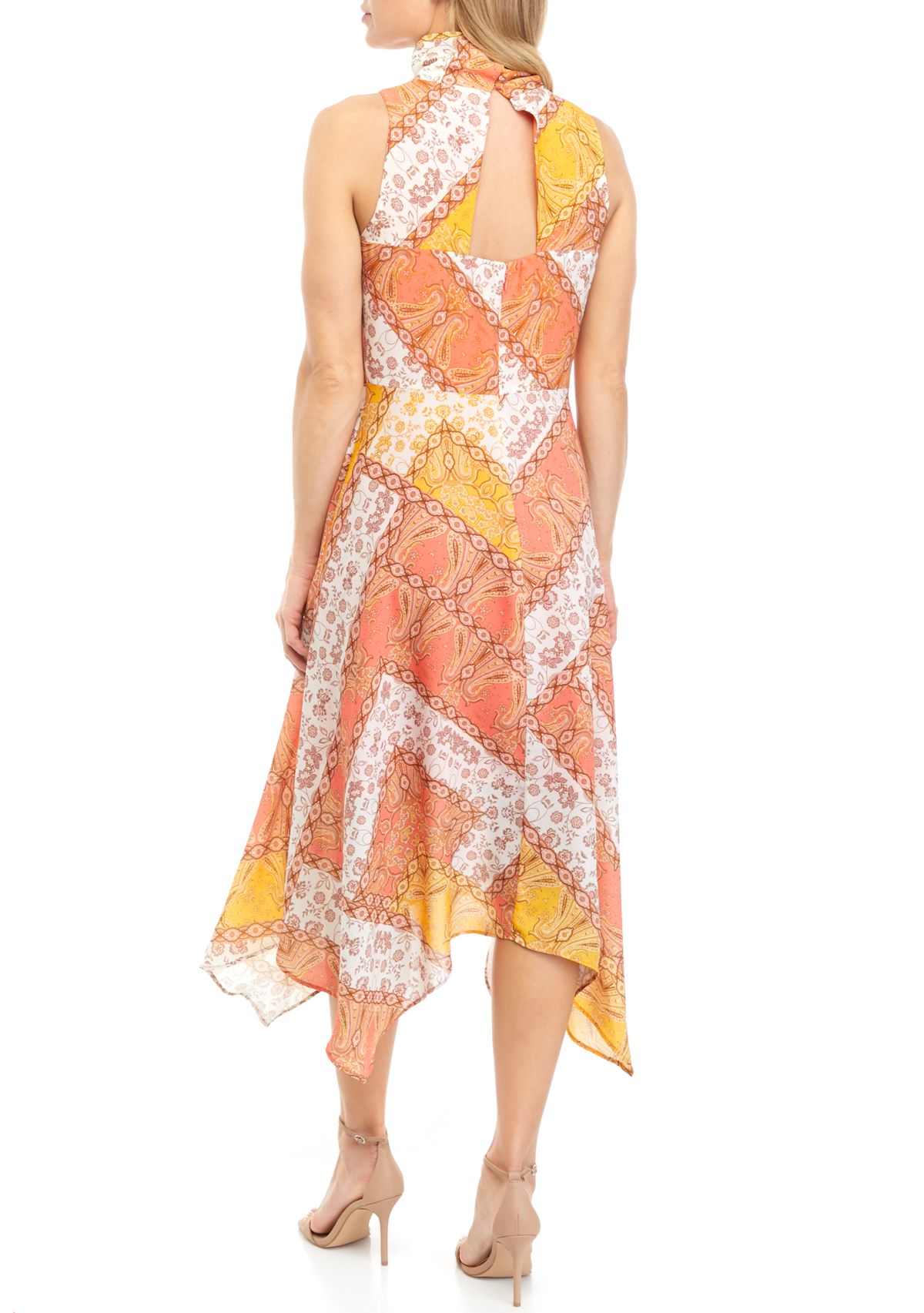 Womens Sleeveless Mock Neck Patchwork Print Dress