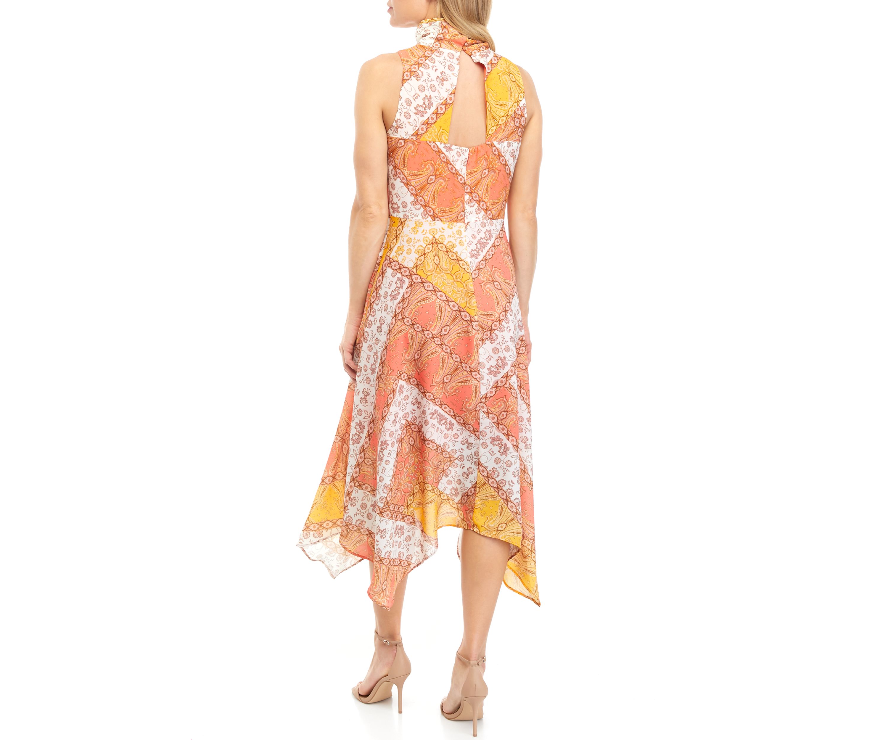 Womens Sleeveless Mock Neck Patchwork Print Dress