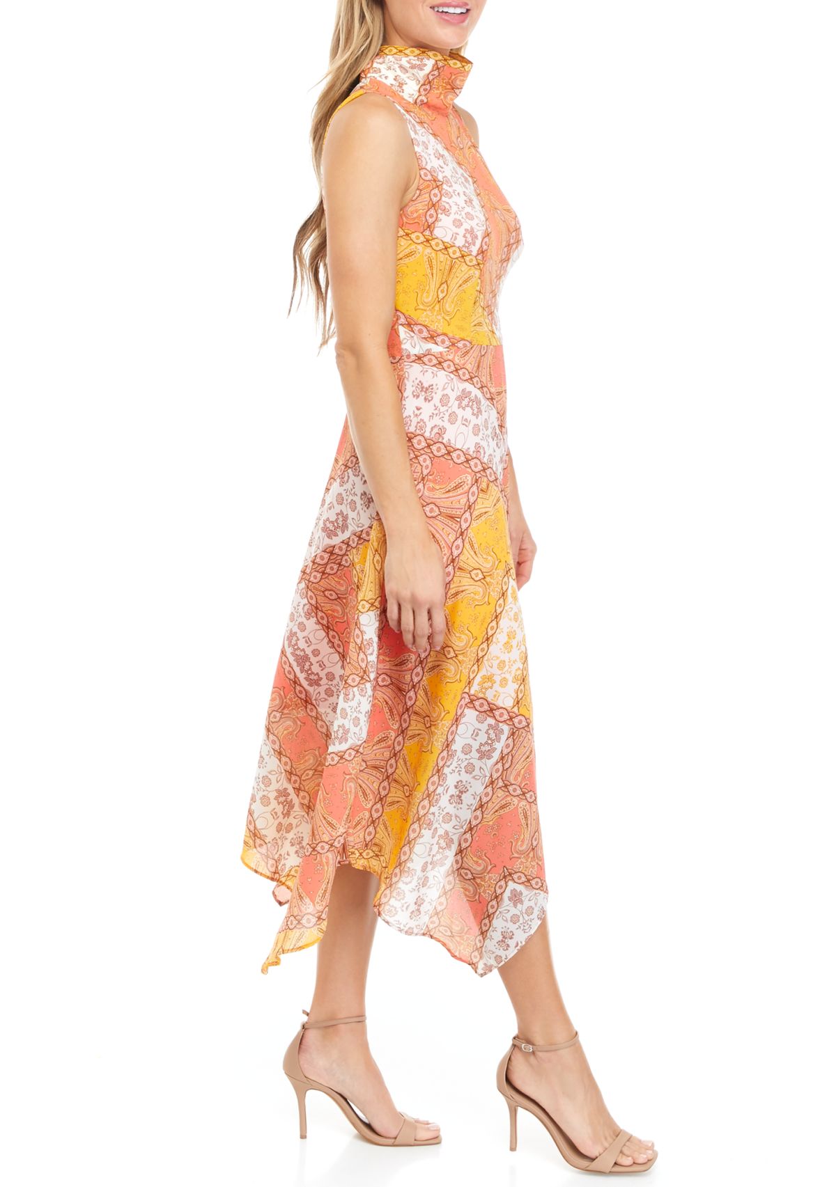 Womens Sleeveless Mock Neck Patchwork Print Dress