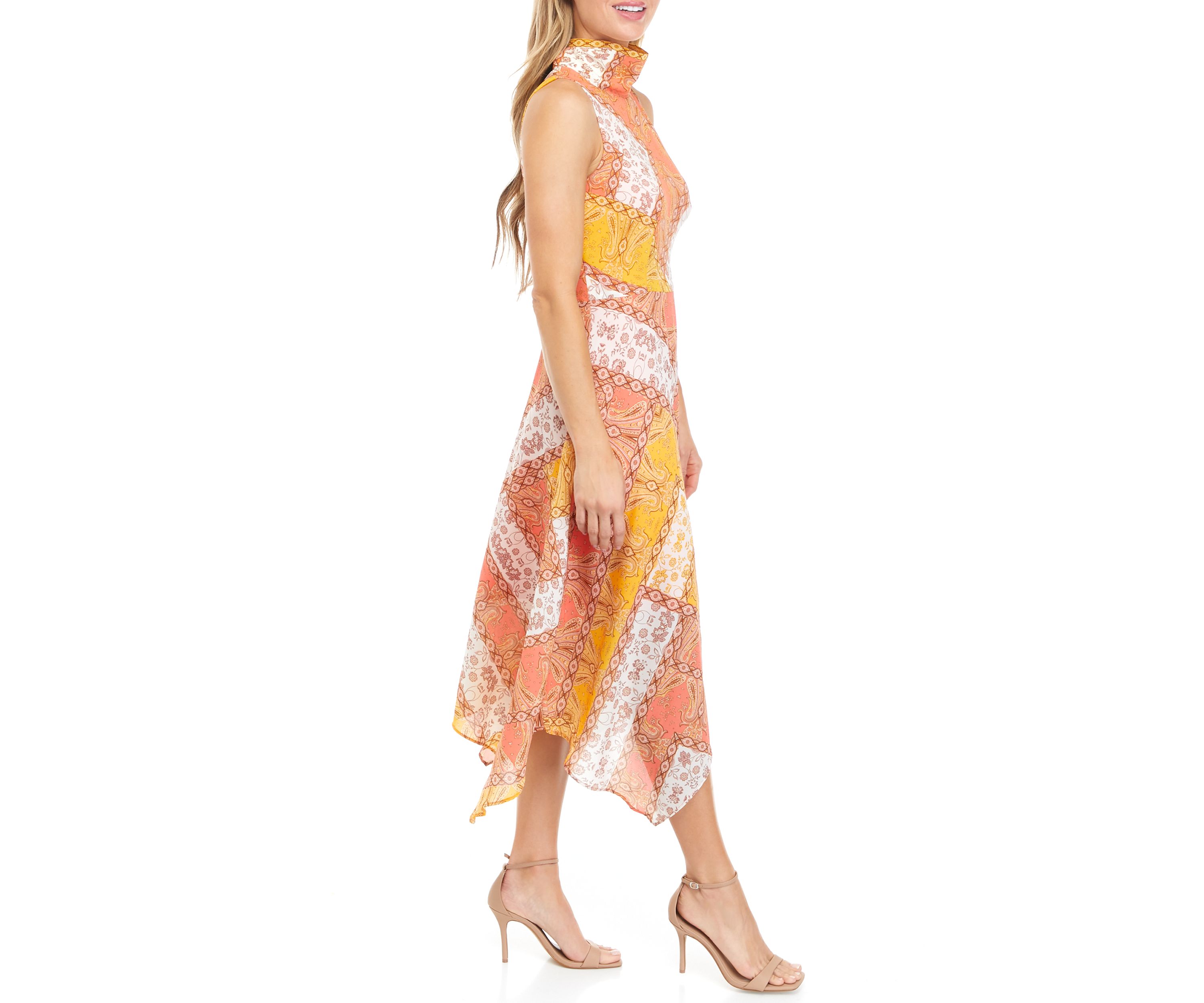 Womens Sleeveless Mock Neck Patchwork Print Dress