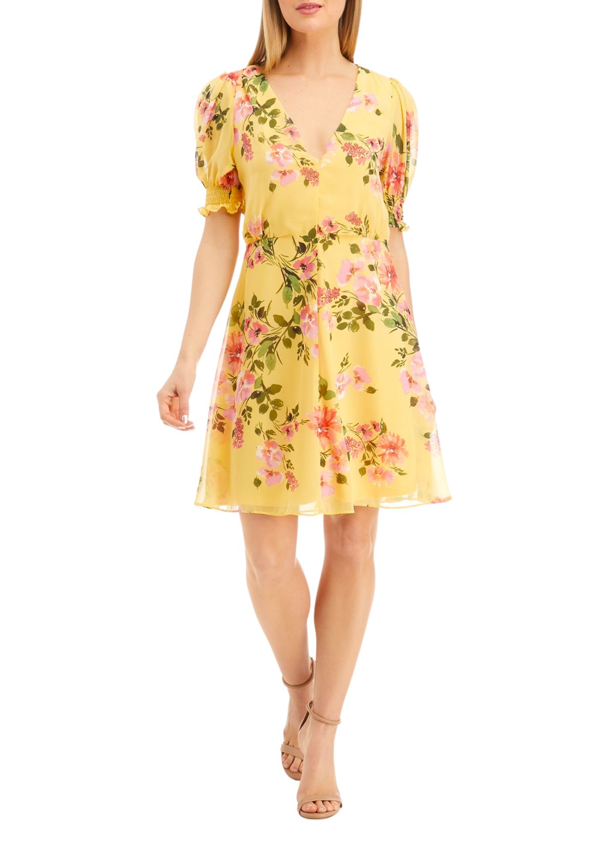 Womens Chiffon Puff Smock Sleeve Dress