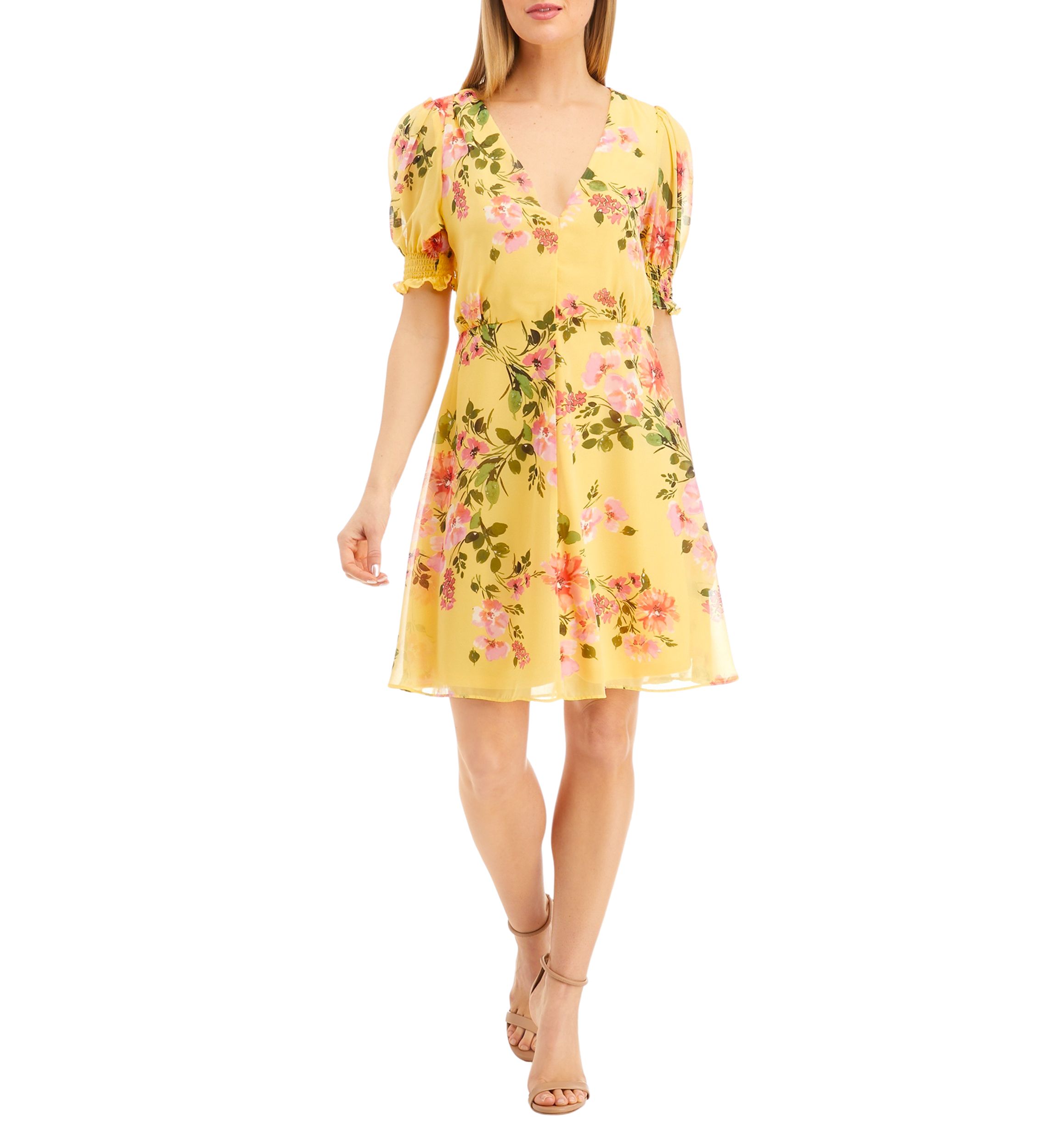 Womens Chiffon Puff Smock Sleeve Dress