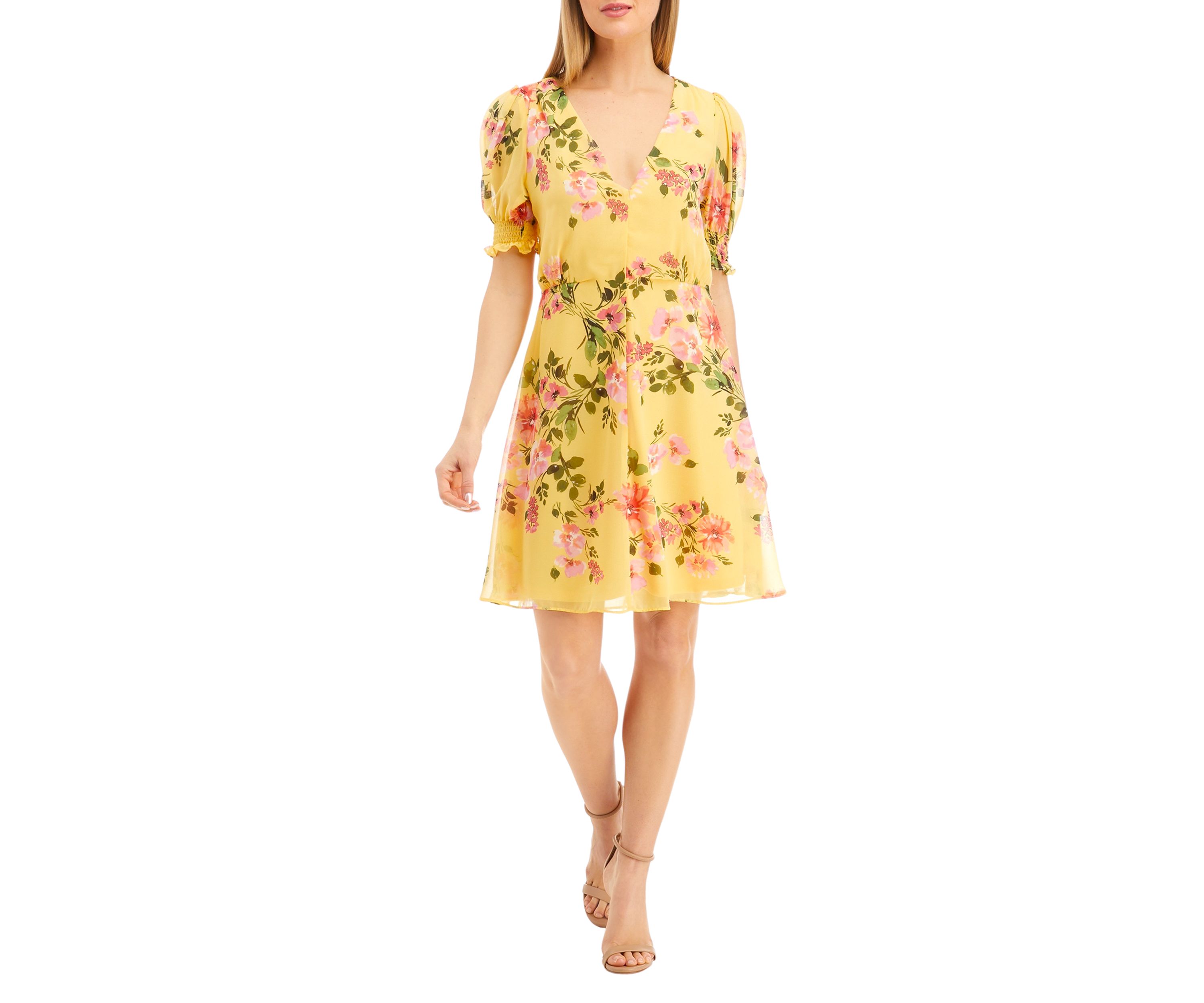 Womens Chiffon Puff Smock Sleeve Dress