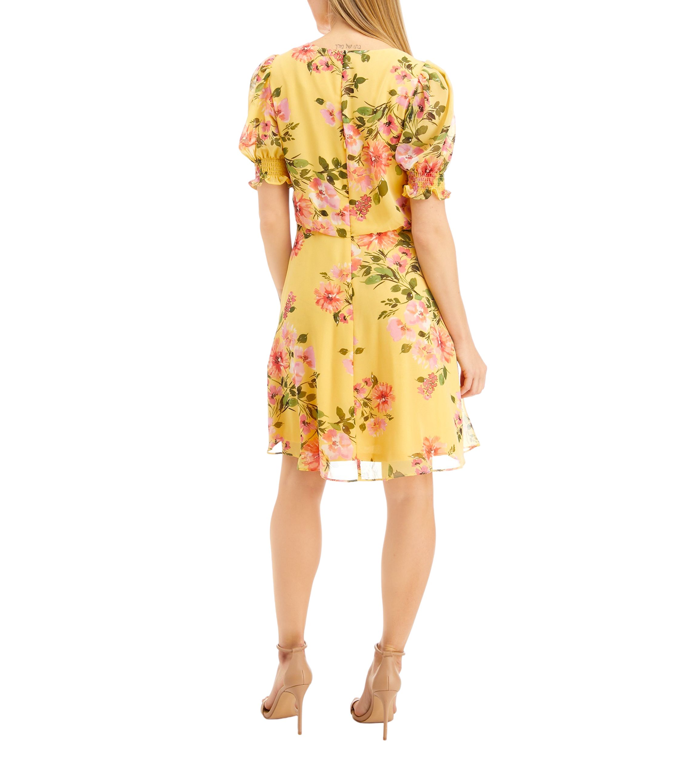 Womens Chiffon Puff Smock Sleeve Dress