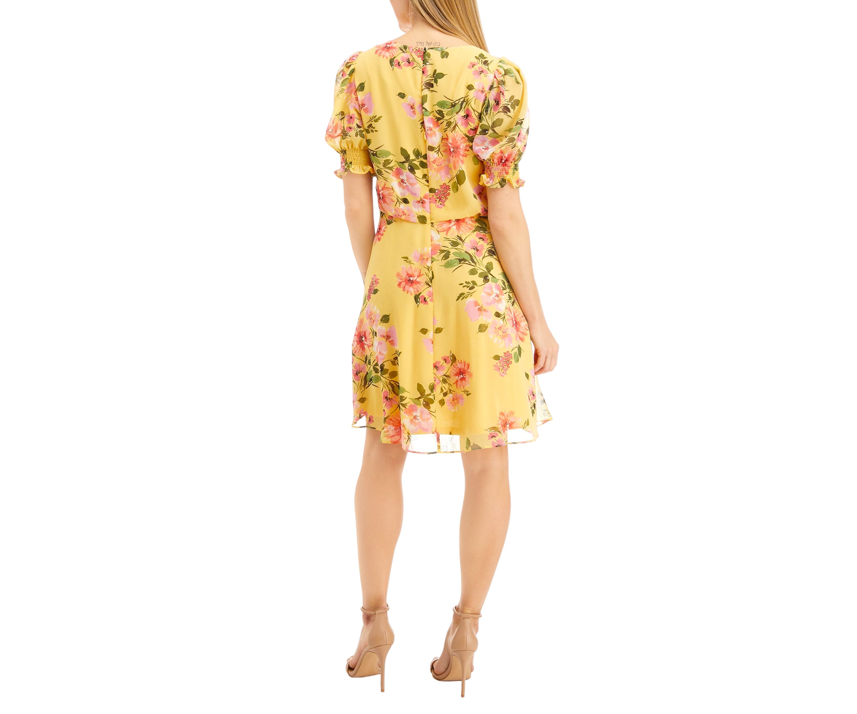 Womens Chiffon Puff Smock Sleeve Dress