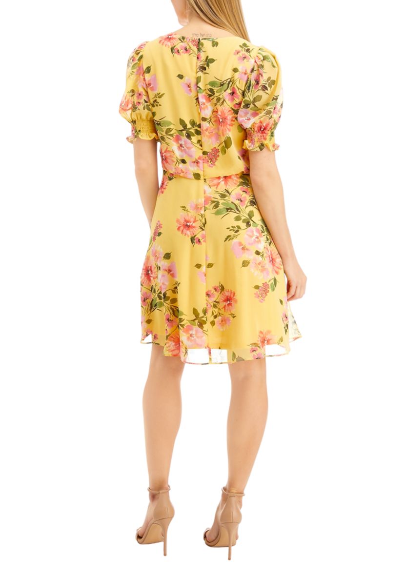 Womens Chiffon Puff Smock Sleeve Dress