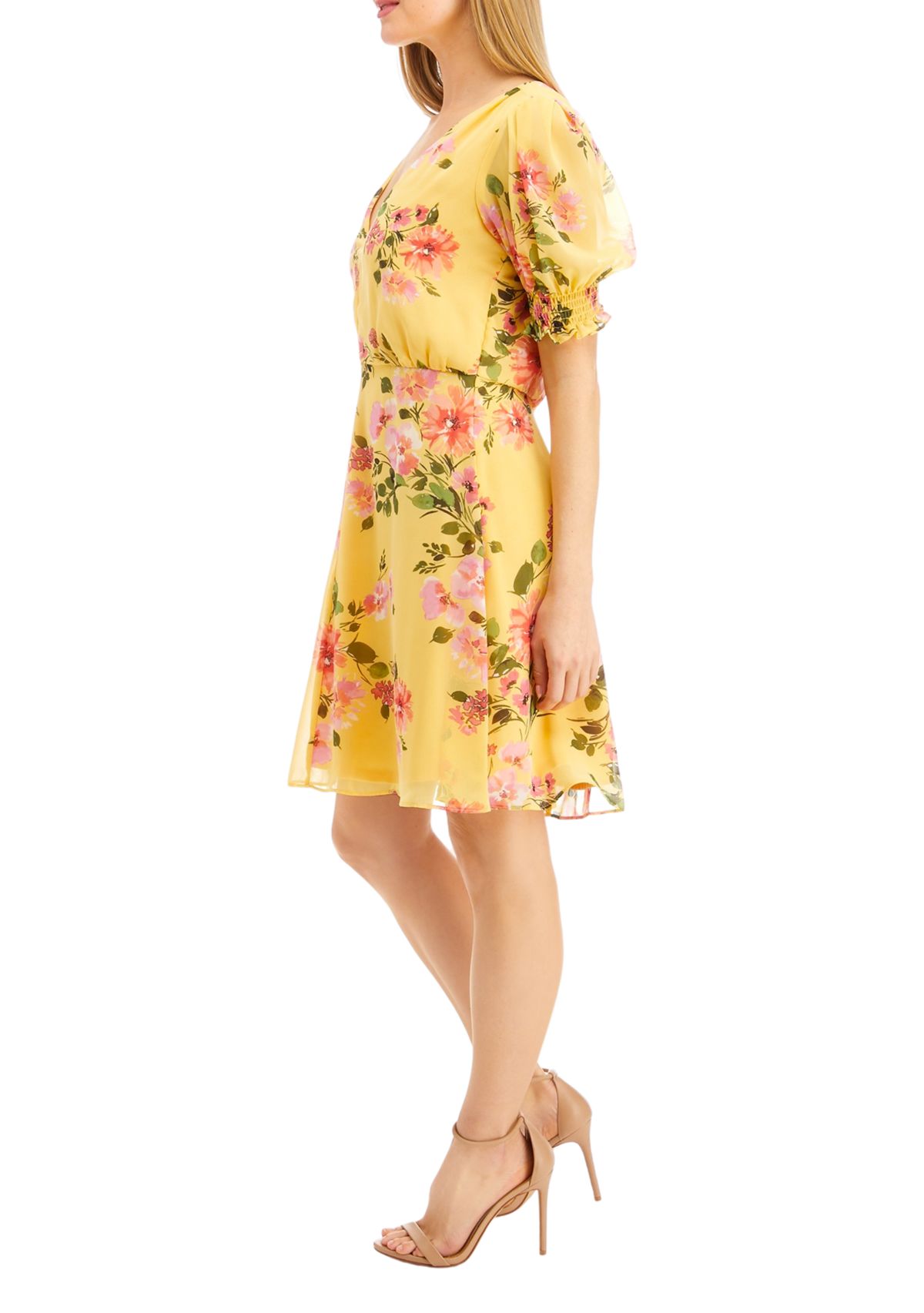 Womens Chiffon Puff Smock Sleeve Dress