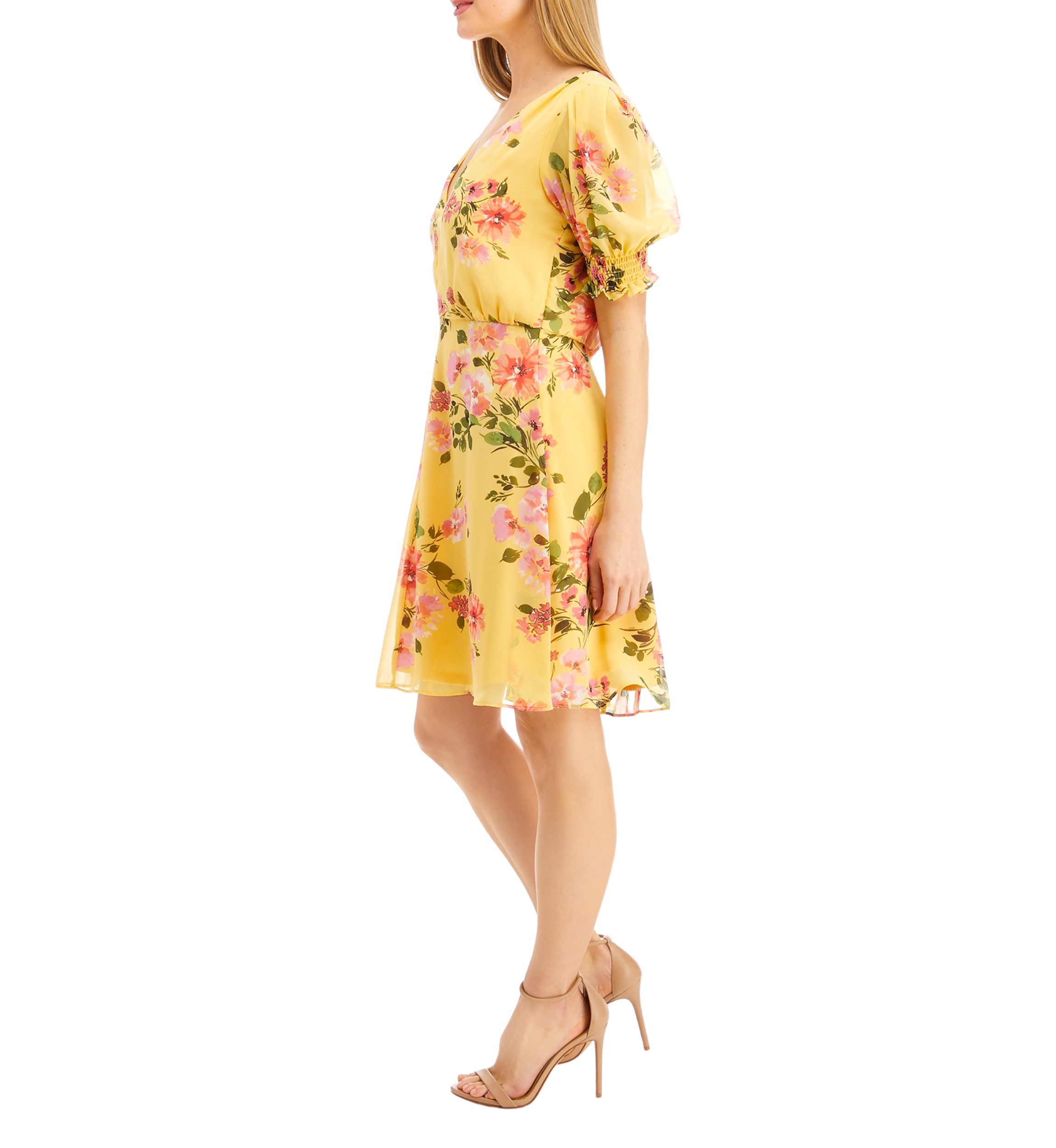 Womens Chiffon Puff Smock Sleeve Dress