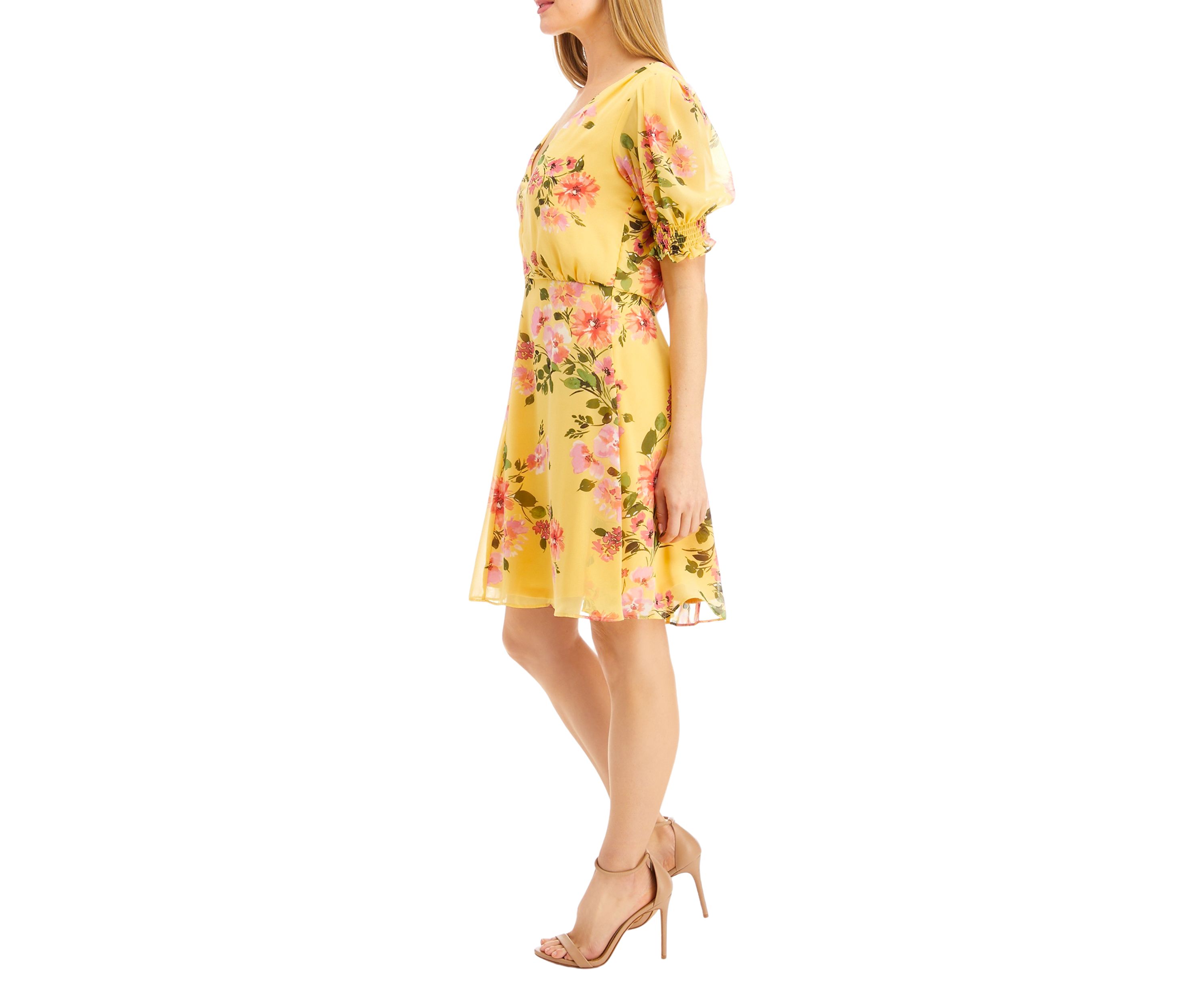 Womens Chiffon Puff Smock Sleeve Dress